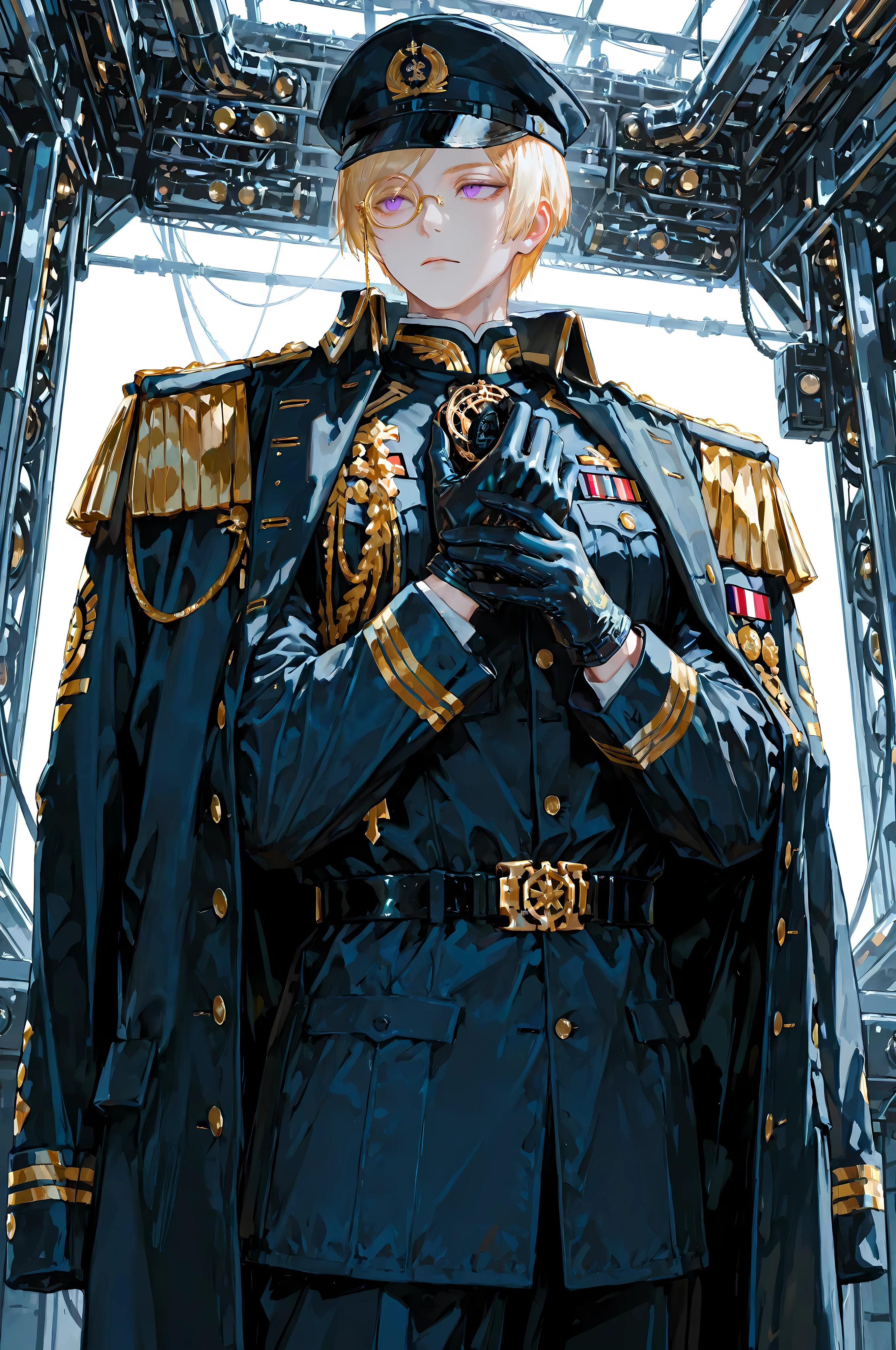 8k, beautiful masterpiece, looking ahead, alone, pale skin, Perfect Eyes shape, Athletic Build, ((He wears: dark blue with white and golden accents = navy ceremonial officer six-buttoned epaulets jacket; white intricate service gloves; military decorations on jacket; navy military overcoat; black belt with golden buckle; golden rimmed monocle; navy military cap))), (((background is high-tech engine room, is emotionless and somber while holding 1 cutlass))), mature man, 1 man, male-centered, muscular male, handsome man, handsome, short hair, blonde hair, Thick painted, purple eyes, Perfect Eyes, masterpiece, top quality, amazing quality, exquisite details, very detailed, semi-realism art, semi-realism art style