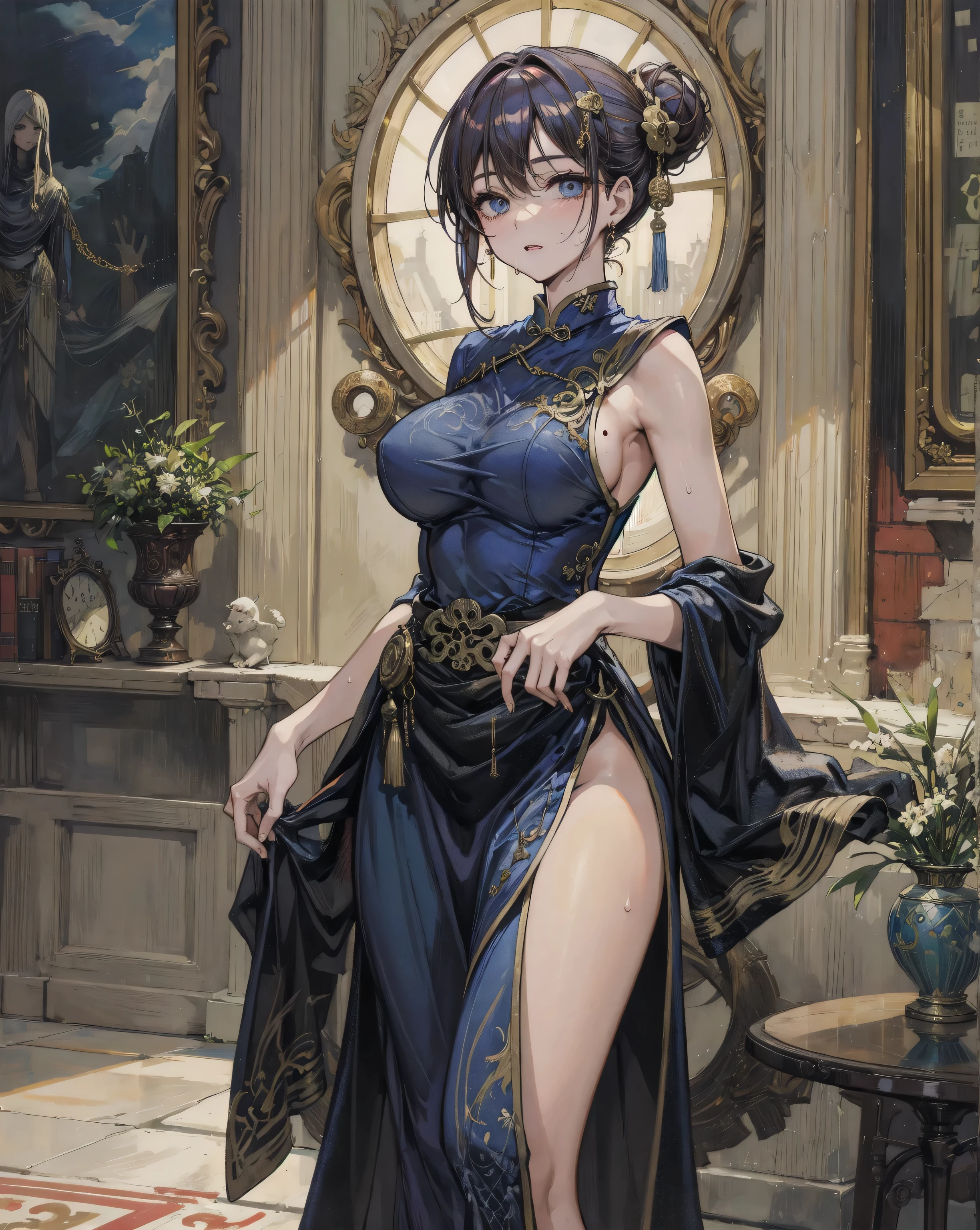 absurdres, RAW photo, extremely delicate and beautiful, masterpiece, Best Quality, ultra high resolution, 32k, hyperrealistic, ultra-detailed, perfect anatomy, anatomically correct, perfect figure, Perfect Style, Perfect balance, super Detailed skin, in her 30s, very Slim body, narrow waist, very small head, very small face, delicate facial features, handsome detailed woman, very detailed eyes and face, realistic face proportions, Realistic beautiful face, Realistic beautiful eyes, tearful mole, earring, huge round tits, whole body shot, medium hair, outdoor, Arabic dancers, Gorgeous dance costumes, (in ancient palace hall:1.2),