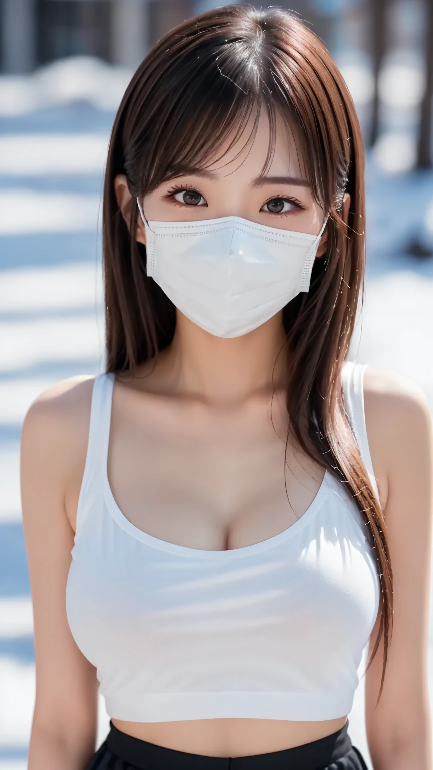 Age 25 Japanese female naked Big Breasts Wearing a disposable mask Not looking at the camera H cup breasts Bigger Non-woven mask Plump Shy laugh Big Ass Night Park dark Late Night