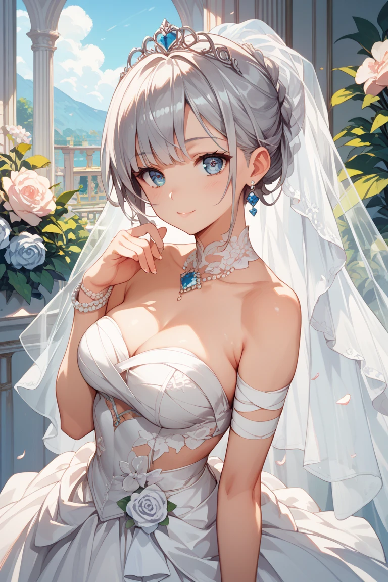 1girl, solo,Katsuragi lily,Blue eyes,white hair,short hair,braid, princess line wedding dress, wedding veil, shy ,best quality, beautiful eyes, high resolution ,happy, middle breasts,leaning forward, face waiting for kiss, (incoming kiss),