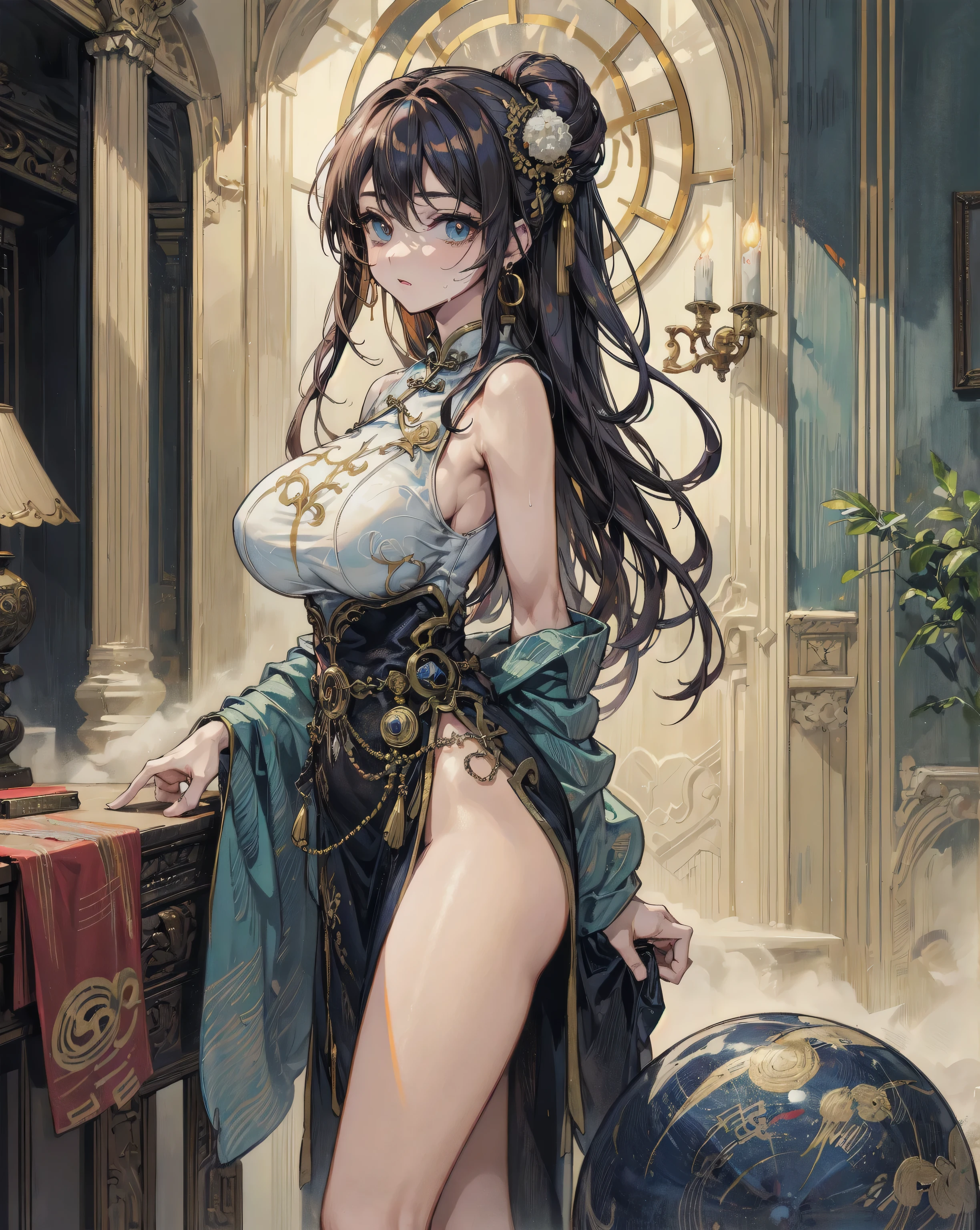 best quality,4k,8k,highres,masterpiece:1.2),ultra-detailed, extremely detailed eyes, extremely detailed body, (large masterpiece digital art), (detailed manga illustration), (detailed line art), ((perfect anatomy)), (intricate details:1.3), (ultra-detailed:1.3), (illustration:1.3), (sharp focus:1.3), (natural lighting:1.05), (vivid colors:1.3), (masterpiece), (best quality:1.4), (perfect anatomy:1.4), high quality, expressive eyes, full body, detailed face, beautiful face, perfect face, 1 girl, large breasts, very long hair, black hair, curly hair, wild hair, detailed hair, white dress shirt, black pants, pale skin, sapphire-blue eyes, demon, blue halo, sheep horns, curled horns, (horizontal pupils), sexy face, pointy ears, splash art, the demon girl, curvy, sitting in an office chair at a desk with feet on desk, black high heels, cinematic lighting, dramatic atmosphere, Atey Ghailan, Jeremy Mann, Greg Manchess, Antonio Moro, trend in ArtStation, trend in CGSociety, Intricate, High Detail, Sharp focus, dramatic and photorealistic painting art by Midjourney and Greg Rutkowski, Jeff Bridges, ((cartoon style)), Marvel Cinematic Universe style, (((darkly lit office in the background))),