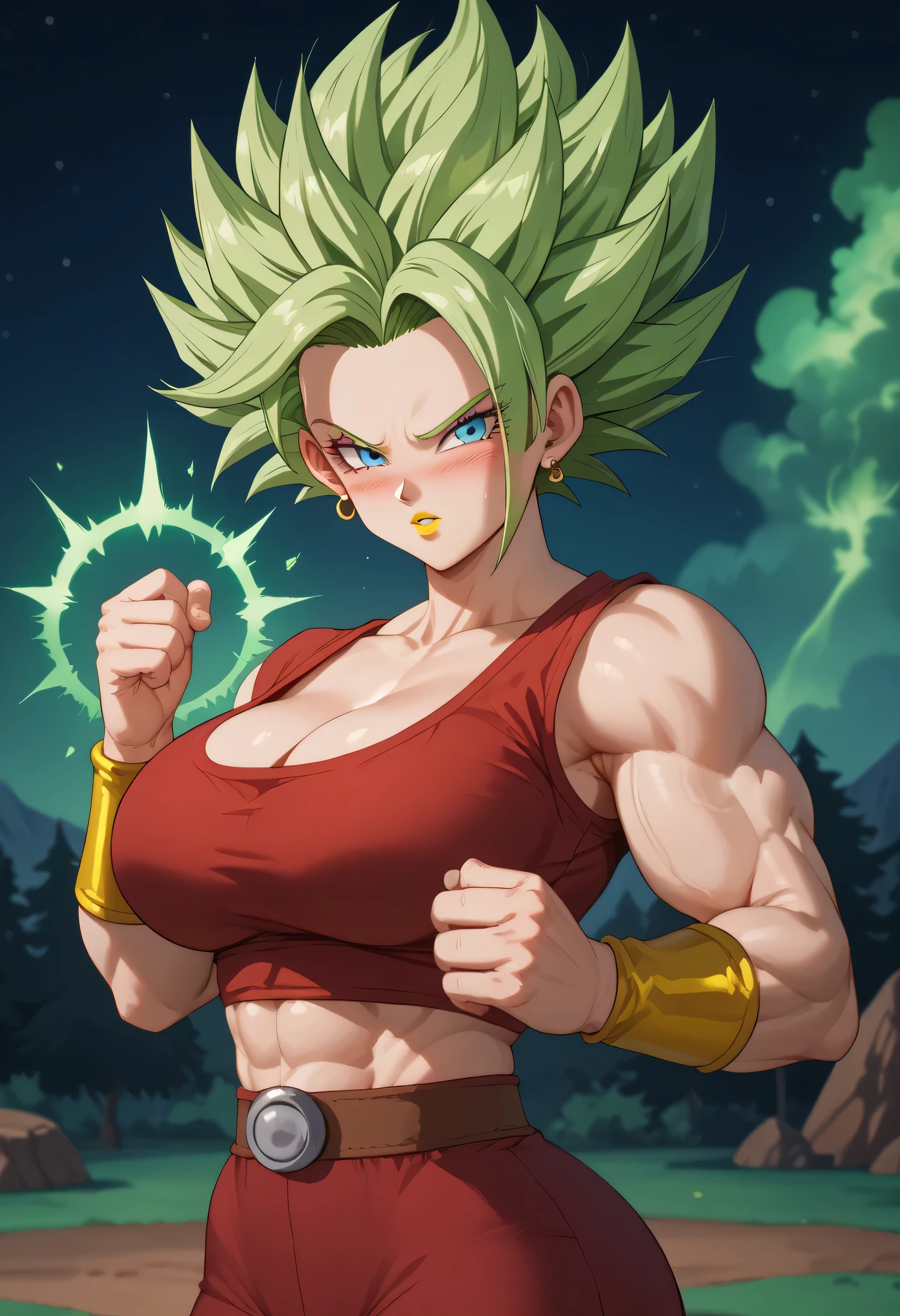 woman, large breasts, anime style, yellow lipstick, blue eyes, green hair, looking at viewer, character focus, side view, blushing, shy, embarrassed, strong, strong physique, green energy, green aura, cleavage, red blouse, thin waist, wide hips, night, training camp, Kale, Dragon Ball, open arm