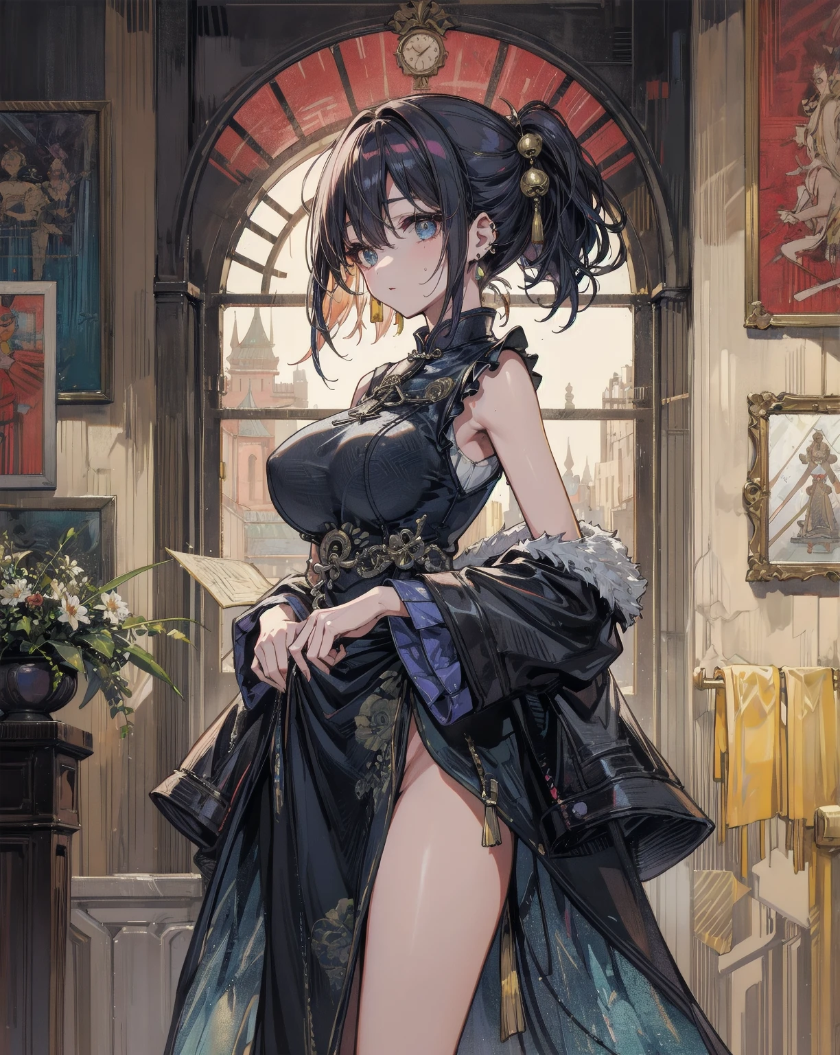 quality、image quality、tmasterpiece、girl ((Sixteen years old、best bust、medium chest circumference、obsessed、Sexual suggestiveness、sexual teasing、lacivious pose、Lie flat,silver slightly curly hair、slenderness、Grand canyon、Silver blended transparent Hanfu matching)）、高quality、beautiful art、Background with((luxury hotel、Night view windows)))On a table、visual art、depth of fields、Diamonds adorn clothes，Sparkling，Full body lesbian，Drawing method to unify eyes