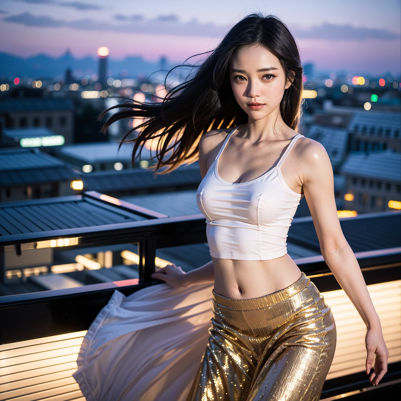 (masterpiece, Highest quality, 8K, High resolution),(Realistic skin texture, Perfect Face, Realistic, Perfect hands, Perfect finger count, Japanese, Girl), (18-year-old), Big Eyes, Brown eyes, Light brown hair, bangs, Braid, Small face, Smile, (See-through negligee, Pussy)), High floors, Overlooking the cityscape, Standing pose, Raise your arms, Hair blowing in the wind