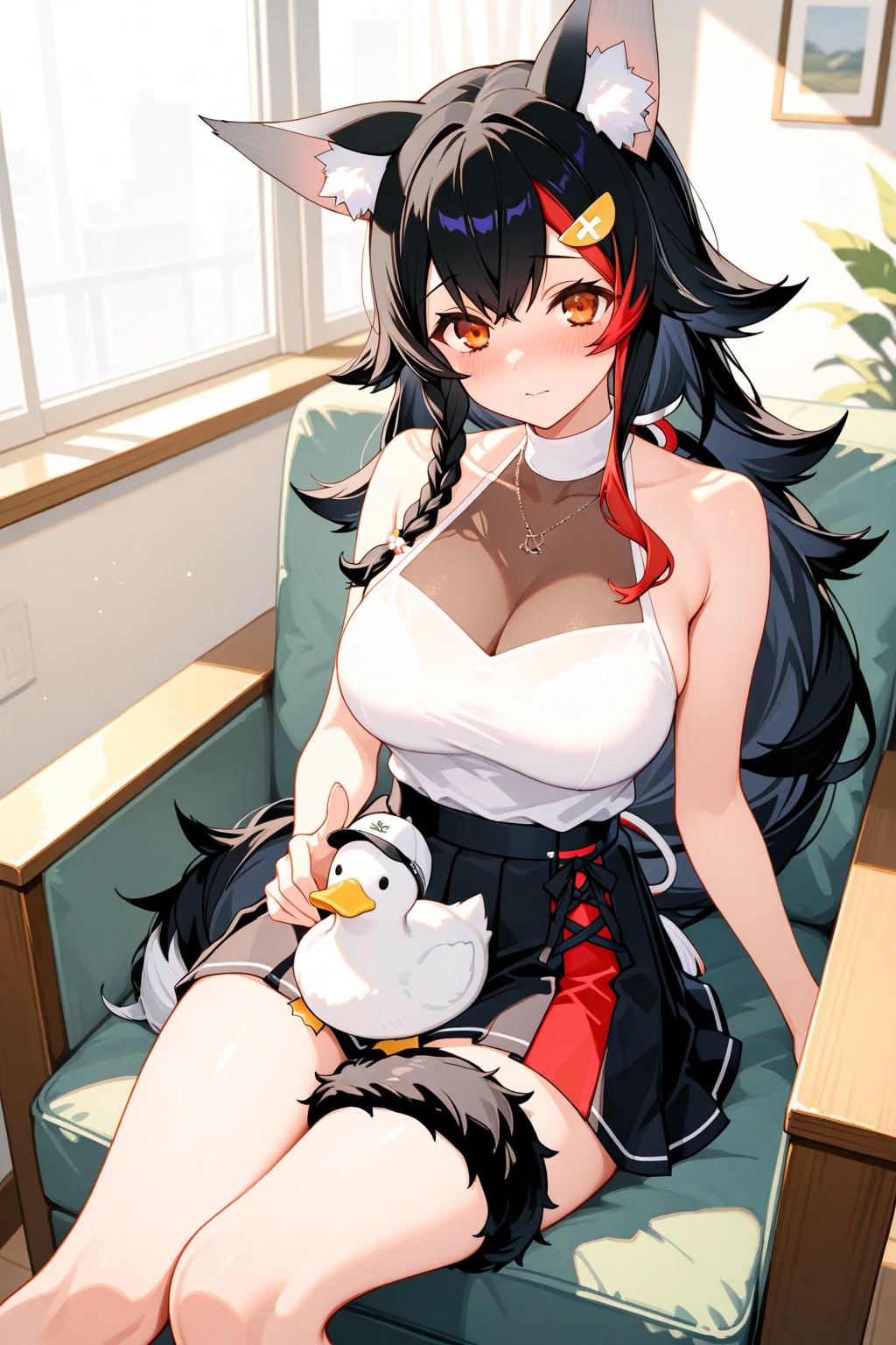There is a woman sitting on a chair，Holding a duck doll, Holding a duck, the woman holds more toys, Wearing cat ears