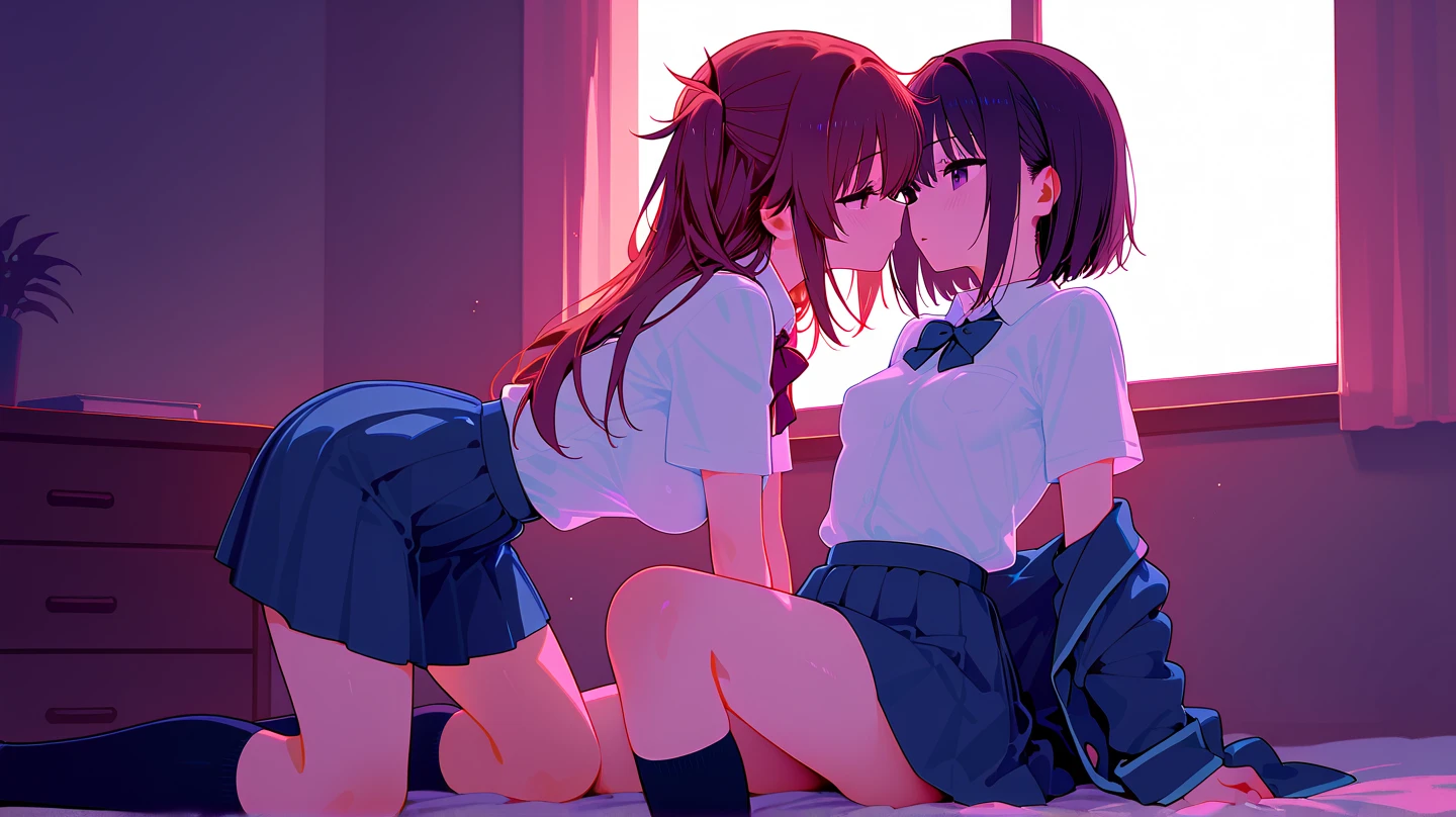 2 girls , bed,Yukinoshita Yukino , Yuigahama Yui , kiss , Drool,,check skirt,the skirt is rolled up,blue panties ,pink panties,