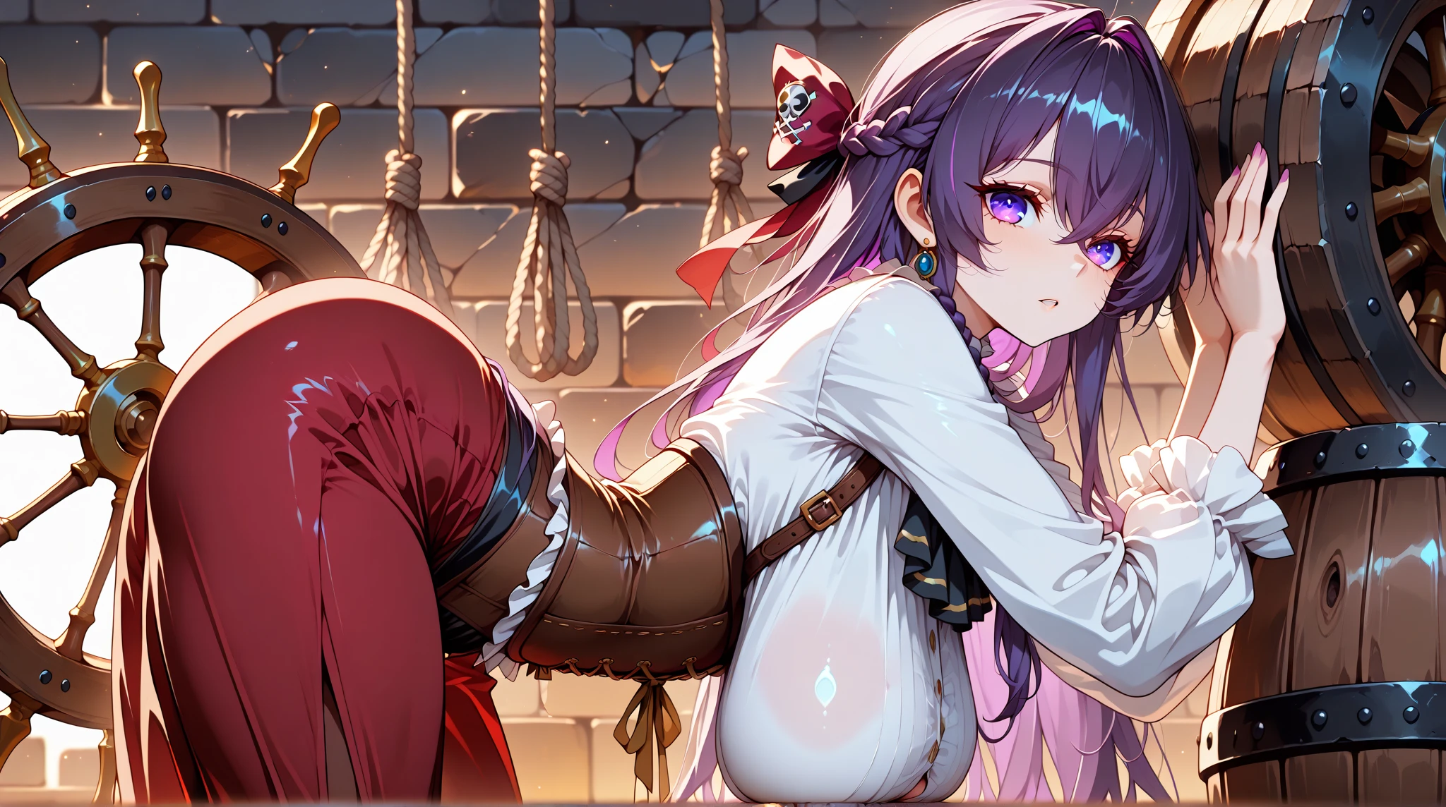 Absurdres, (masterpiece, best quality), (ultra-detailed), super high resolution, (Top Quality photorealistic Illustration), (Super Definition), (cute illustration:1.3), (high Saturation:1.2), detailed beautiful face and eyes, very detailed background, (an extremely delicate and beautiful), (nice hands, perfect hands), (((violet hair))), (big titts), (((dark red eyes))), (((slant eyes))), (((dark skin))), ((((((handsome short hair)))))), serious high school girl, (((naked))), (((slave collar))), (((blush))), after sex, feel weak, restrained rope, BDSM, (((((shibari))))), (arms behind back), (((squeeze out titts))), Riding a wooden horse, (((painful))), ((((((cry out)))))), (((tearful))), (((massive tears))), (((narrow eyes))), (((short hair))), ((((((from behind))))))