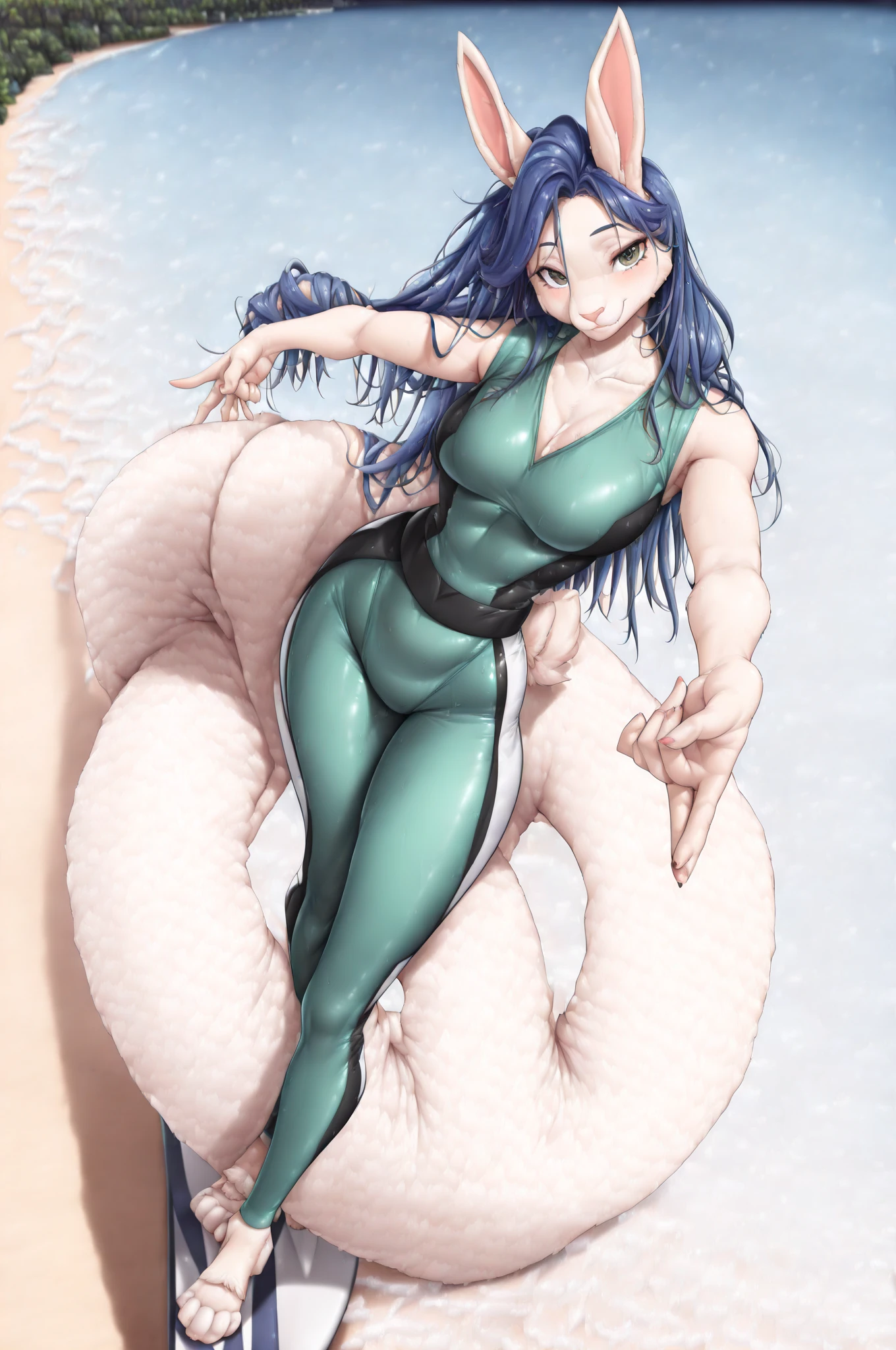 ((masterpiece)), highest quality, Super detailed,(One girl),(Yui Kotegawa morphing into lizard), Long Hair,Beautiful background , chest, Curved body, Look to the side, Worried face, Full Body Buck shot、