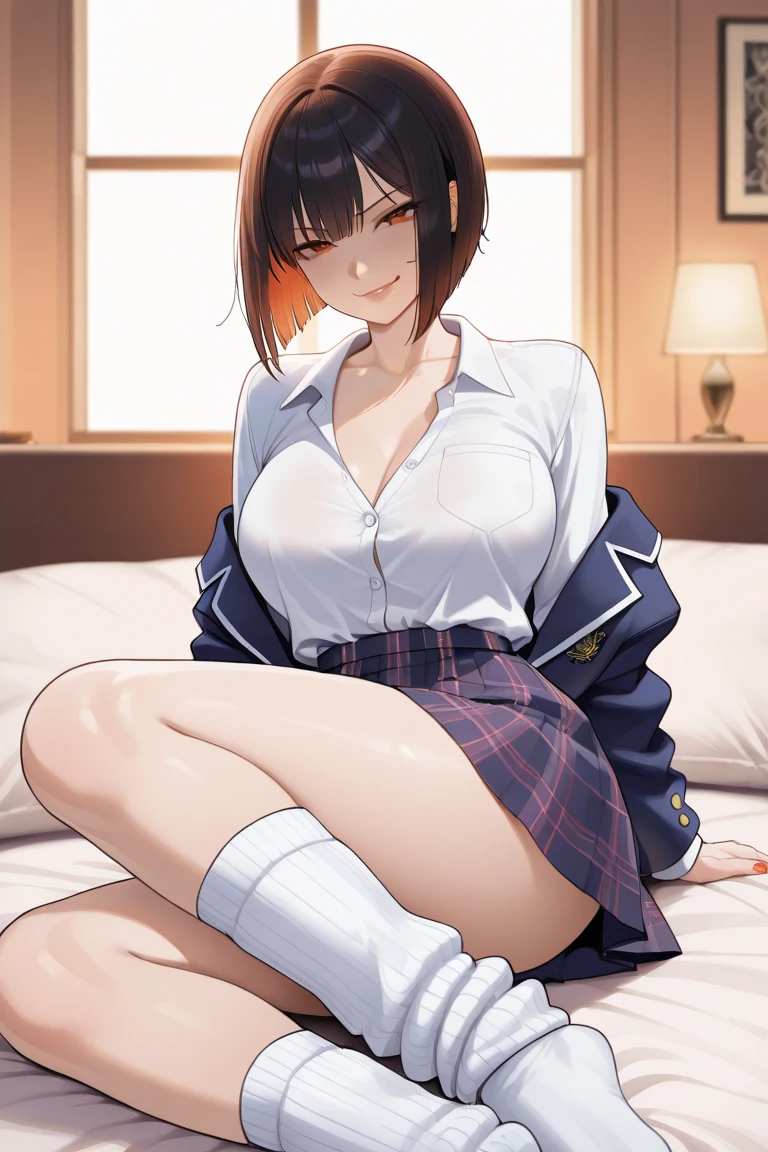 1girl,masterpiece,best quality,best quality, ultra quality, high quality, beautiful detailed glow,film Reflection, ((from front,front face)),on the bed,Detailed beautiful eyes,looking at viewer,makeup,((smile)),(open legs:1.1),((sitting,spread legs,m legs,arms behind back)),(((thin thong,thighhighs))),Stewardess uniform,flight attendant,high heels,perfect nipple, extremely detailed nipple, round areola,(public hair:1.7),(((Pubic hair shows through))),