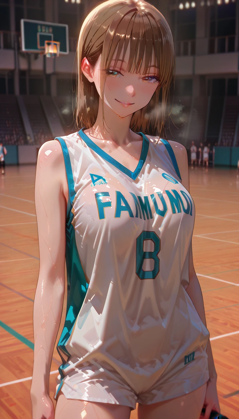 (masterpiece,highest quality,超A high resolution),japanese woman, (((very beautiful 20 year old girl))), pretty girl、look at the photographer､  ((beautiful low ponytail)), super cute face, glossy lips, double eyelids in both eyes,natural smile、 natural makeup, long eyelashes, shiny smooth hair､center image,  perfect limbs, perfect anatomy,(((White Football Uniform))),(wet with sweat),Mansuji,