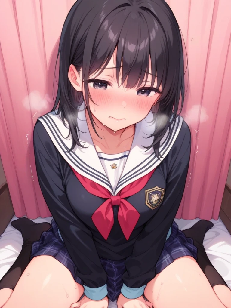 one girl, black sailor uniform, plaid skirt, long sleeve, naive, cat ears, thirteen years old, ???