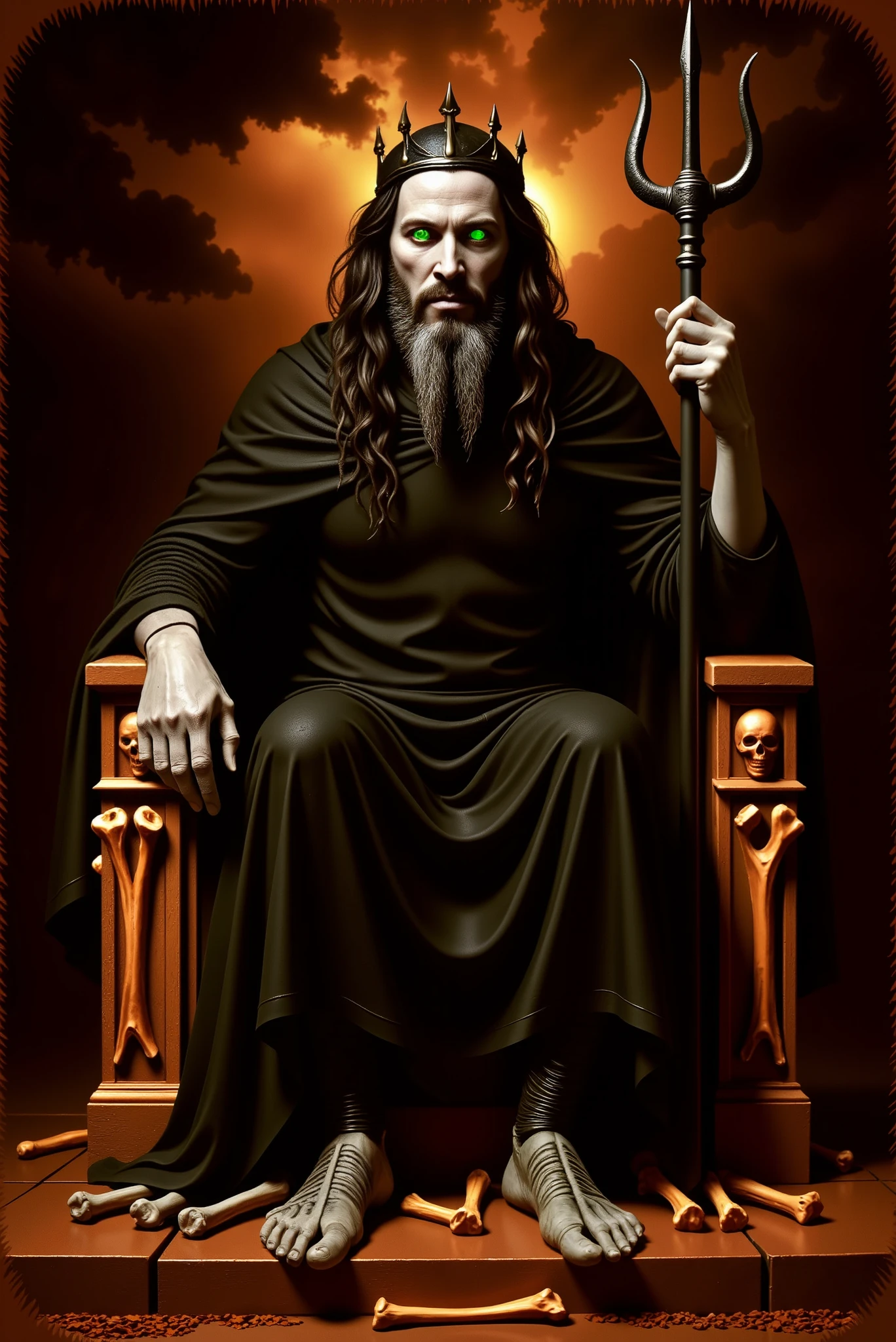 A somber and majestic depiction of Hades, the god of the underworld, seated on a throne made entirely of human bones. His face is gaunt and skeletal, resembling a skull, with eyes emanating an intense green flame. He has long, straight black hair that falls to his shoulders, and a long, gray beard that reinforces his imposing appearance. He wears a shiny black tunic and an equally black cloak, both with a heavy, flowing texture. On his head is a black stone crown with three sharp points, similar to his trident, which he holds firmly in one hand. The scene is shrouded in dark, turbulent clouds, with shades of brown, gray, and black, and a soft golden lighting in the background. The atmosphere is charged, mystical, and powerful, with a strong contrast between light and shadow, highlighting the macabre details of the throne and Hades' supernatural aura.