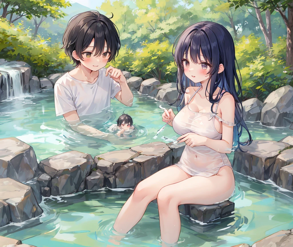 Mother and son, brown medium hair, brown eyes, smile , (nudity:1.3),in the valley,(sperm on the breast)