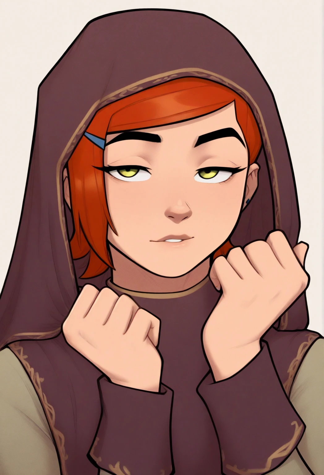 pov, sam, totally spies, orange hair, bare shoulders, green eyes, under the covers, penis at face, small penis, foreskin, looking at viewer, smile, half-closed eyes