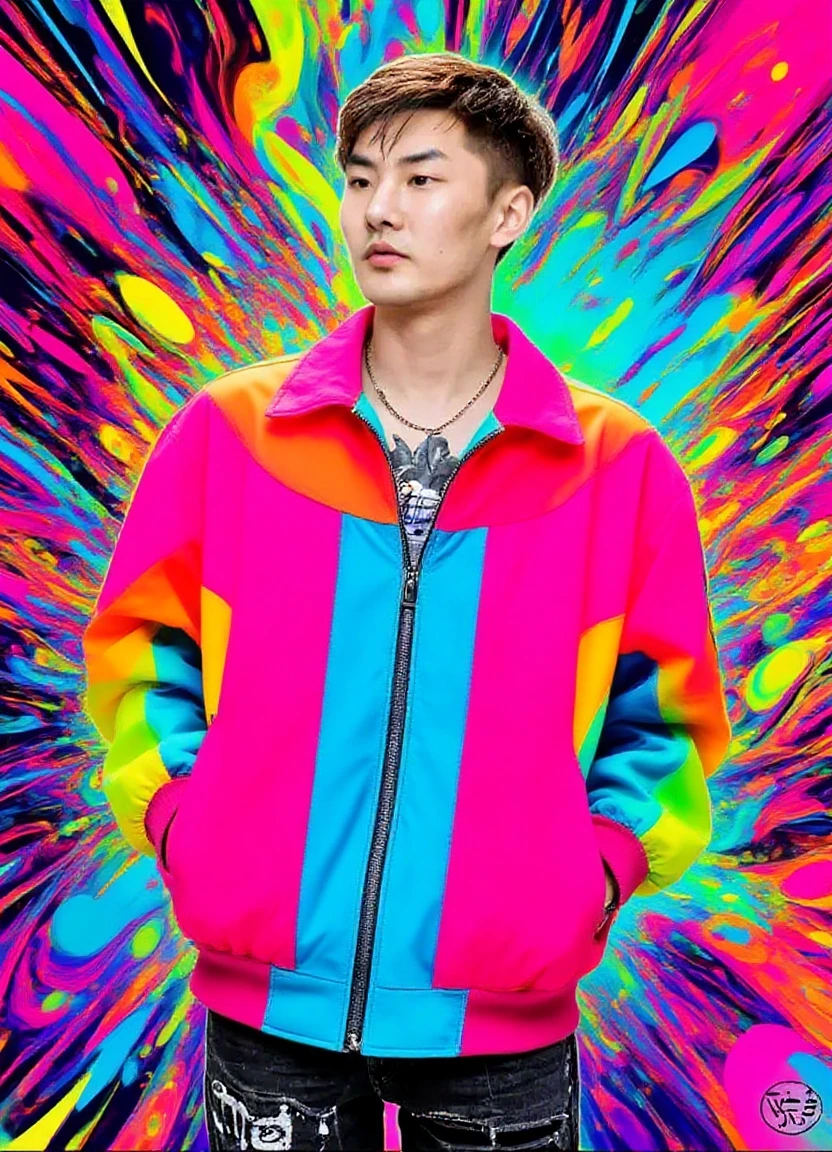 man, (Jupiter textile print:1.2), fashion, melting, glassmaze, optical illusion,( simple background:1.2), marbled swirls, orange tone, dune, fluid, neon light