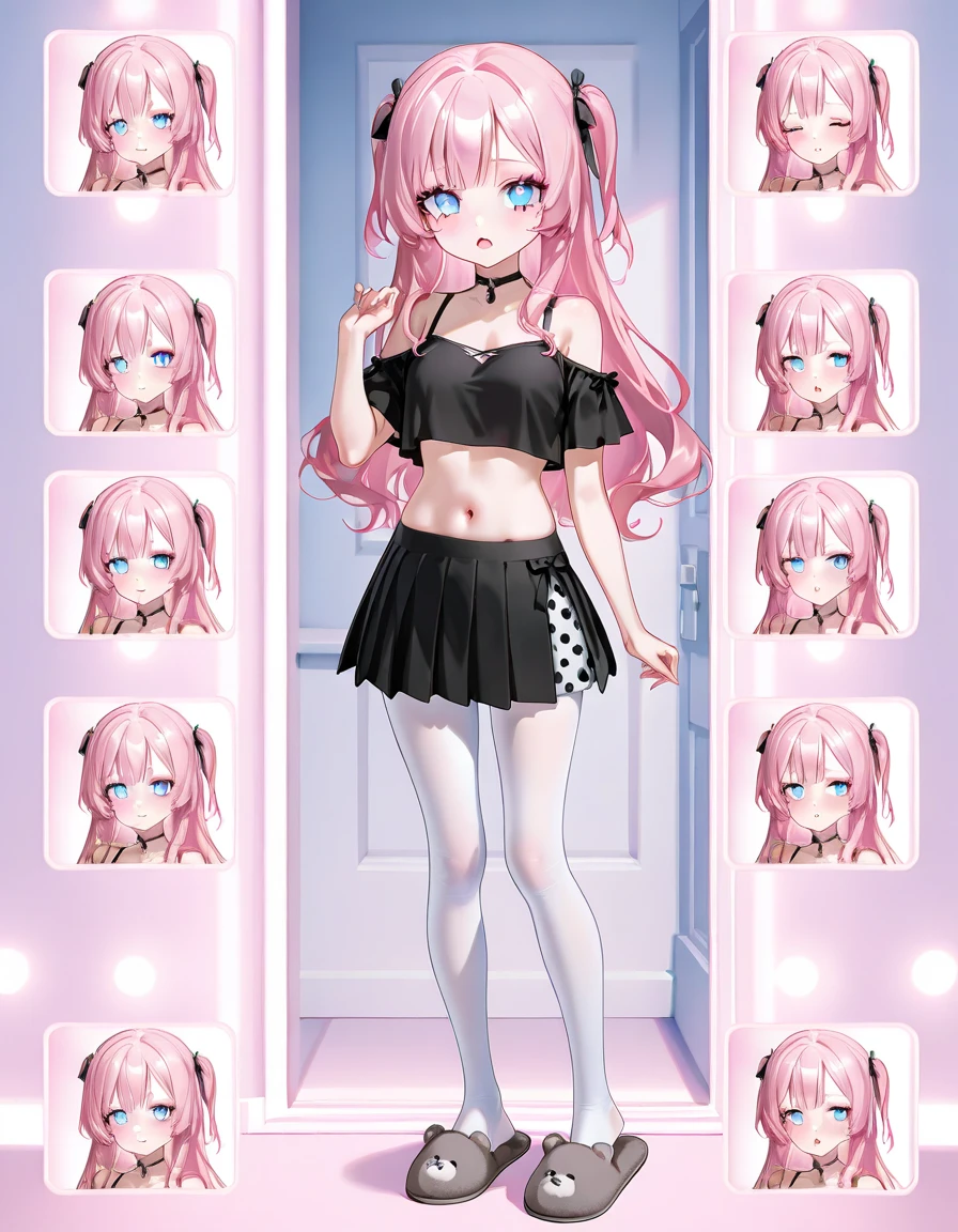 Highest quality 8K resolution,masterpiece, Exquisite detail, Realistic, Realistic, Soft tones,Color Palette, Alone, (20 year old girl:1.6),(Small eyes:1.5), (Long Straight Hair:1.5), Shiny light pink hair,Asymmetrical bangs,No bra, (Sleeveless lift:1.6),(Simple underwear),Beautiful proportions,(Happy face:1.4),Open your mouth,(Shiny white skin),Very beautiful detailed eyes,blue eyes, (Mid-chest), necklace,Earrings,accessories,Cowboy Shot, Are standing, indoor,Detailed clothing,(Embarrassed look),7 lifespan,(Standard body type)