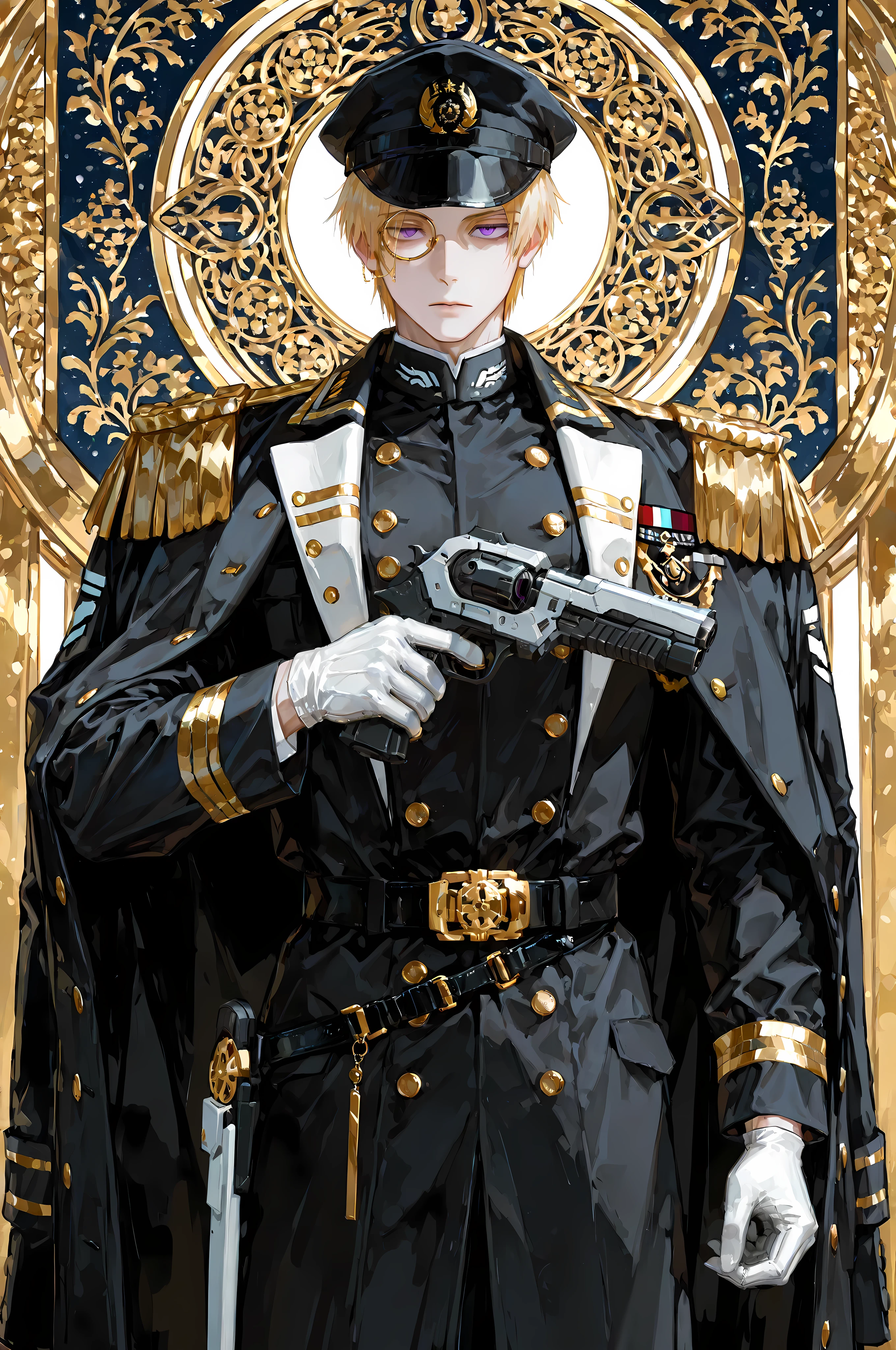 8k, beautiful masterpiece, looking ahead, alone, pale skin, Perfect Eyes shape, Athletic Build, ((He wears: dark blue with white and golden accents = navy ceremonial officer six-buttoned epaulets jacket, military decorations on jacket, navy military overcoat, navy military cap; black belt with golden buckle; golden rimmed monocle; white service gloves))), (((background is captain quarters, is emotionless and somber while holding 1 plasma pistol))), mature man, 1 man, male-centered, muscular male, handsome man, handsome, short hair, blonde hair, Thick painted, purple eyes, Perfect Eyes, masterpiece, top quality, amazing quality, exquisite details, very detailed, semi-realism art, semi-realism art style