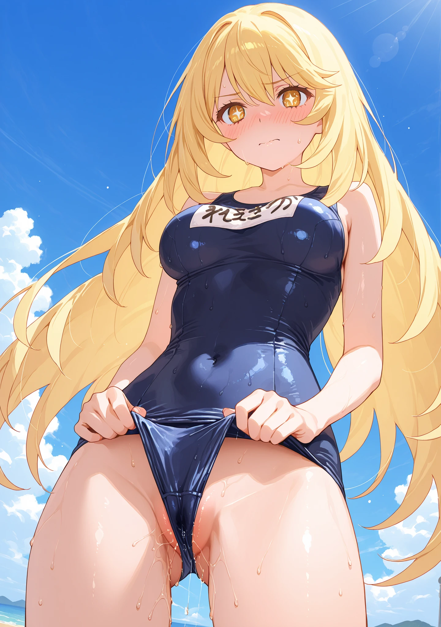 (masterpiece:1.2), masterpiece, best quality, ultra detailed, ultra high res, photorealistic, 8k, highest quality, masterpiece, best image quality, Super detailed, ultra high resolution, Photo-realistic depiction, anime, comics, long hair, blonde, adult woman, alone, Highly detailed art buds, official artwork, shiny skin, shiny skin, professional lighting, Slender figure, body gloss, pink cheek, embarrassed face, brown eyes, Watery eye, micro bikini, (from below:2), cameltoe, beautiful blue sky, Fine sunny day, The sun is bright
