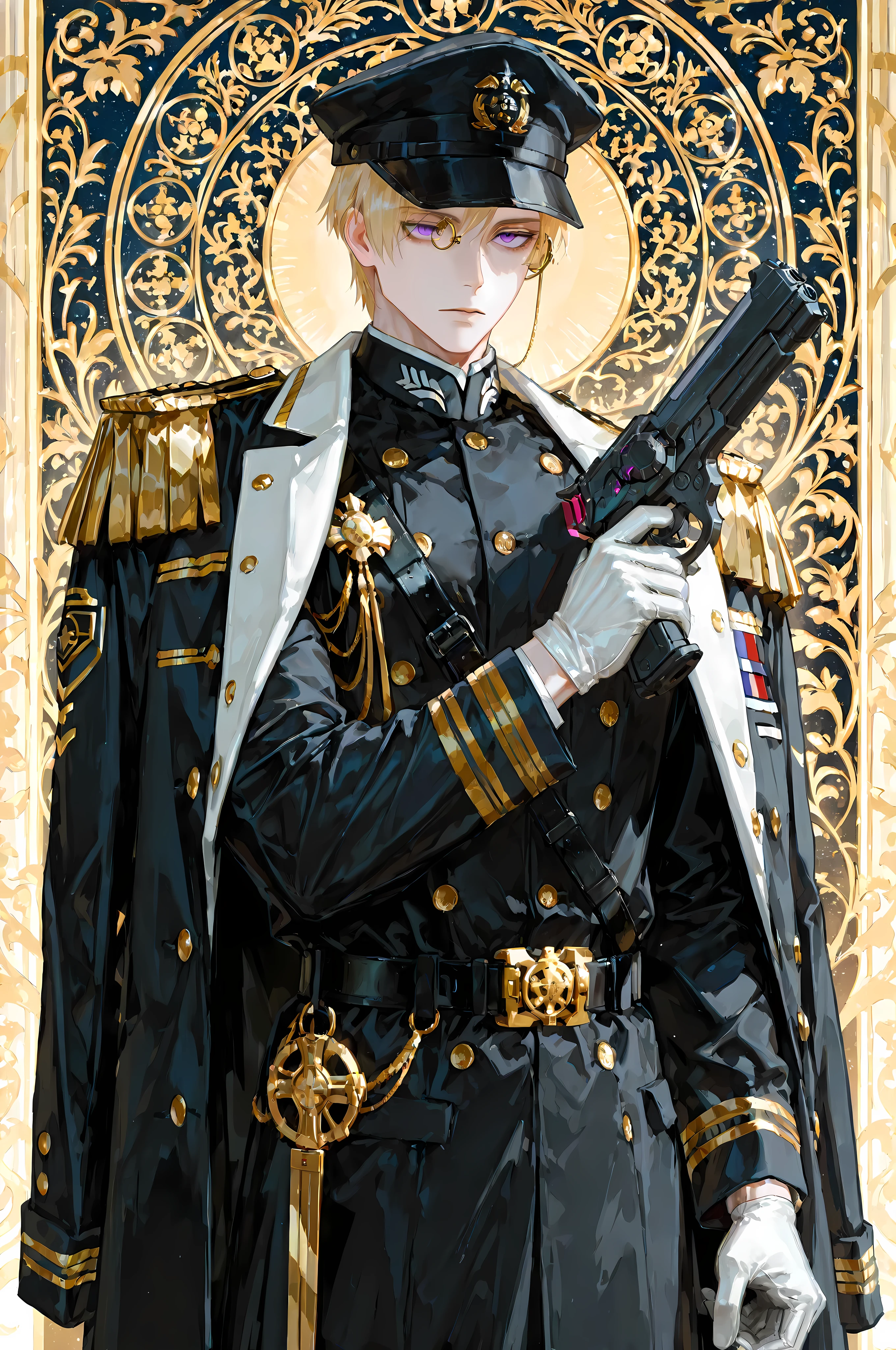 8k, beautiful masterpiece, looking ahead, alone, pale skin, Perfect Eyes shape, Athletic Build, ((He wears: dark blue with white and golden accents = navy ceremonial officer six-buttoned epaulets jacket, military decorations on jacket, navy military overcoat, navy military cap; black belt with golden buckle; golden rimmed monocle; white service gloves))), (((background is captain quarters, is emotionless and somber while holding 1 plasma pistol))), mature man, 1 man, male-centered, muscular male, handsome man, handsome, short hair, blonde hair, Thick painted, purple eyes, Perfect Eyes, masterpiece, top quality, amazing quality, exquisite details, very detailed, semi-realism art, semi-realism art style