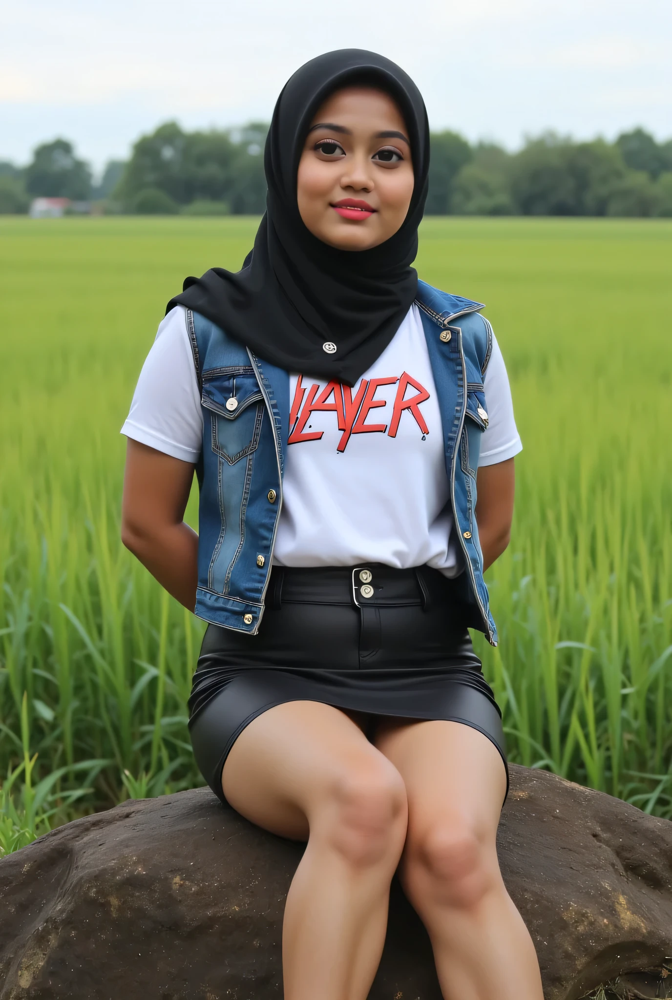 The real cutie  small Just Front photo, wear a loose drop Looks like a little rubber panties pastel translucent (black mini skirts) leggings closed my center, Tetek besar melayut, hijab hijab hijab  hijab, (photorealistic:1.6), background rice paddy. daytime atmosphere, don't put any rope! flat chest!, duduk di atas kerusi kaca, hands behind back while legs astride,  view from  front, wearing short t-shirt 'Slayer' blood font logo print & mini unbuttone vest denim. Sitting rock