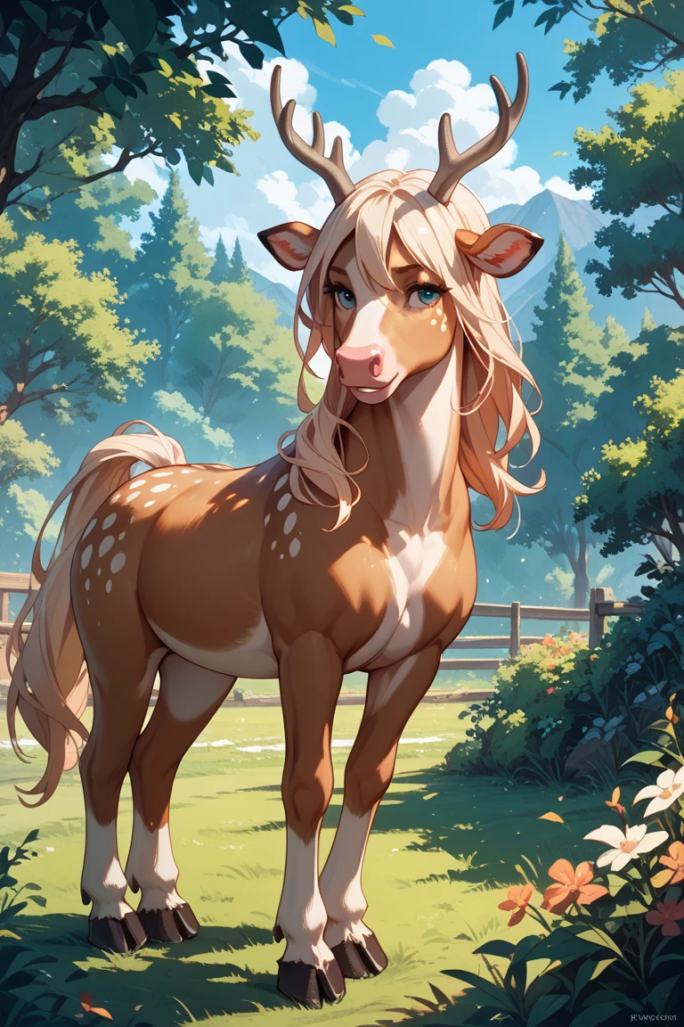 cavalo branco, no campo ensolarado