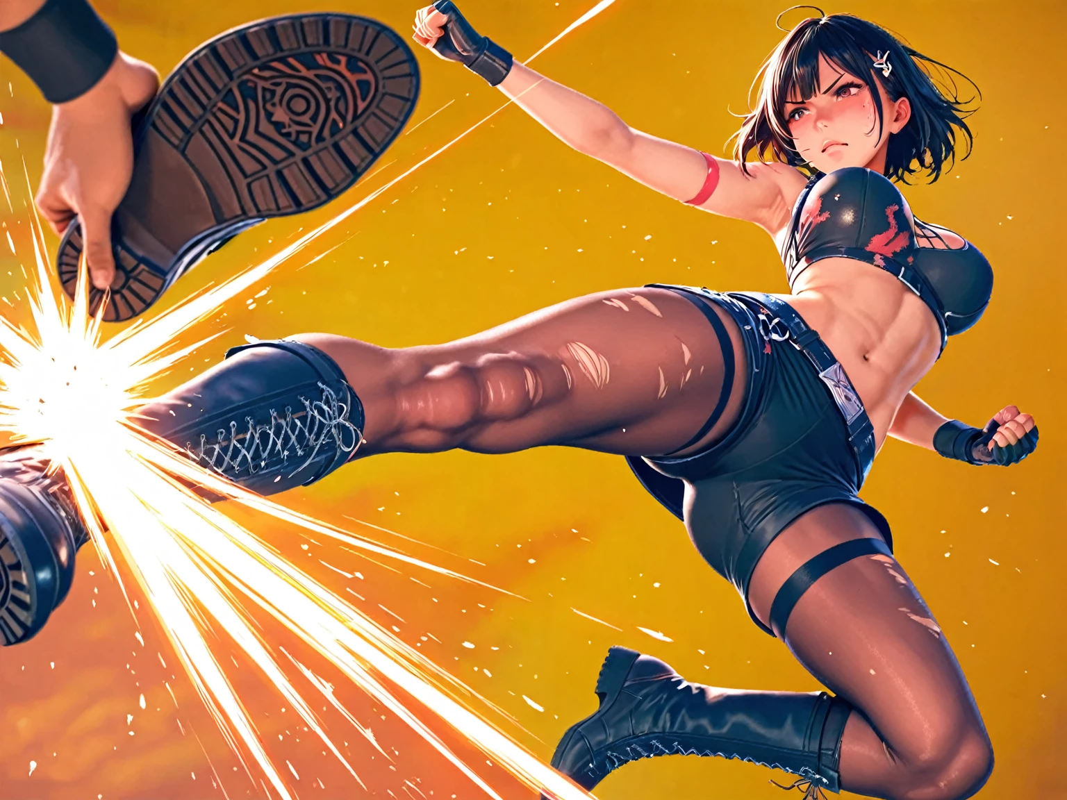 masterpiece, absurdres,
1girl, solo, dark skin, dreadlocks, long hair, large hips, muscular, leg up, fighting, combat, battle arena, box ring, mma, barefoot, indoors,