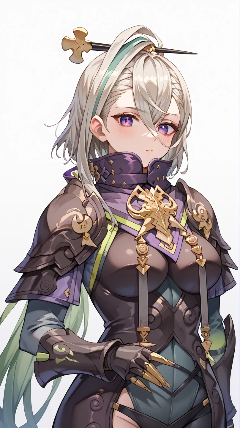 1girl, solo, ((dark skin)), purple hair, bangs, hair over one eye, medium short hair, medium breasts, pointy ears, sharp eyes, gold eyes, serious face, leotard, navel line, ((highleg leotard)), coat, Bow and arrow, face close up, 