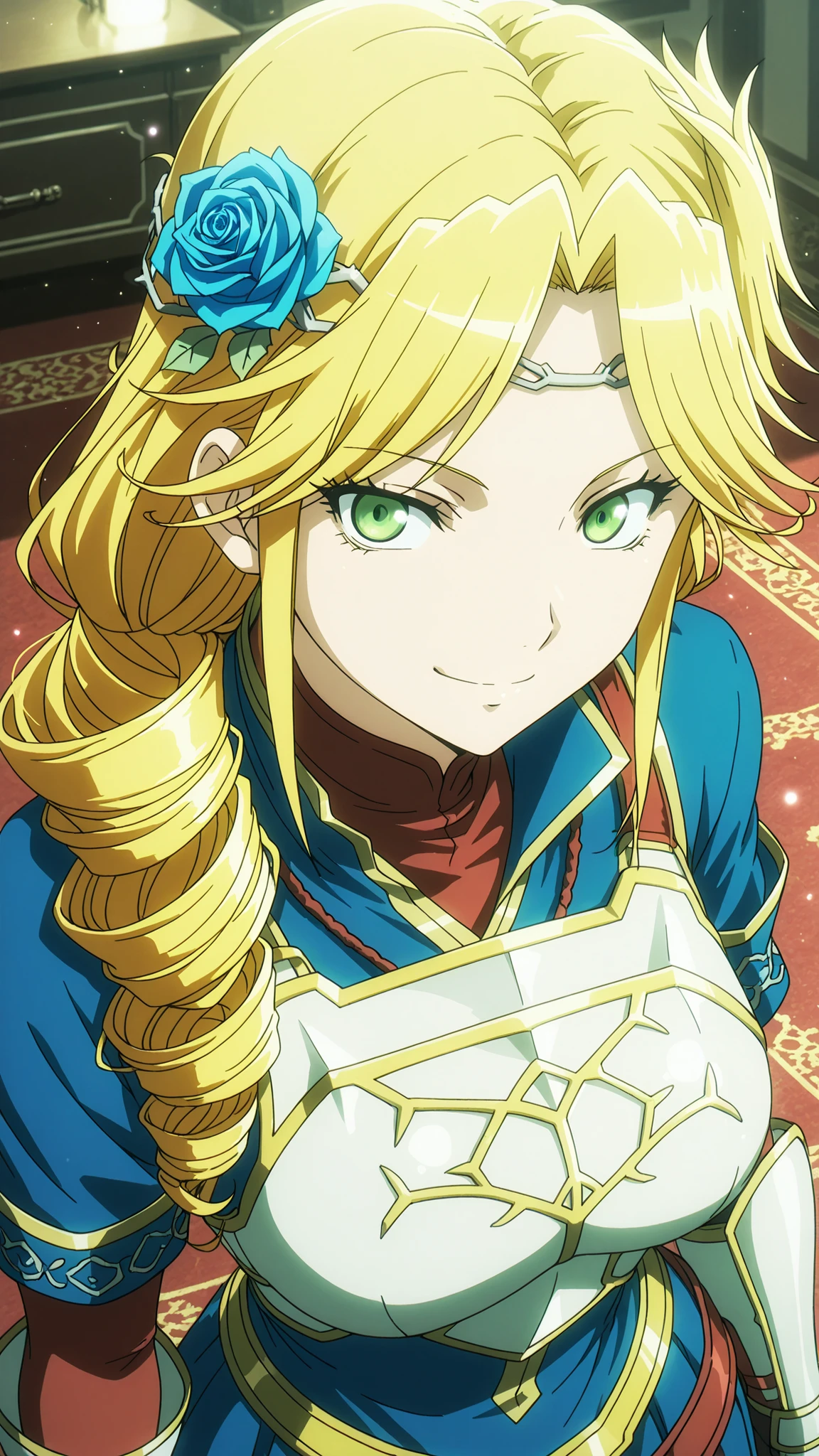 lakyus alvein dale aindra, overlord \(maruyama\)
High quality ,  best quality , masterpiece,  High Resolution , detailed face( LoRA: lakyus),anatomically correct, detailed hair(LoRA: lakyus) , anime Coloring
solo, 1 girl,human
blonde hair, green eyes, braid, blue Rose, hair Rose, hair ornament, long hair, drill hair, ponytail, hair flower,
armor, gloves, red , blue dress, breastplate, gauntlets,,
looking at viewer ,close up,from above
Japanese-style room,
,,  smile,
