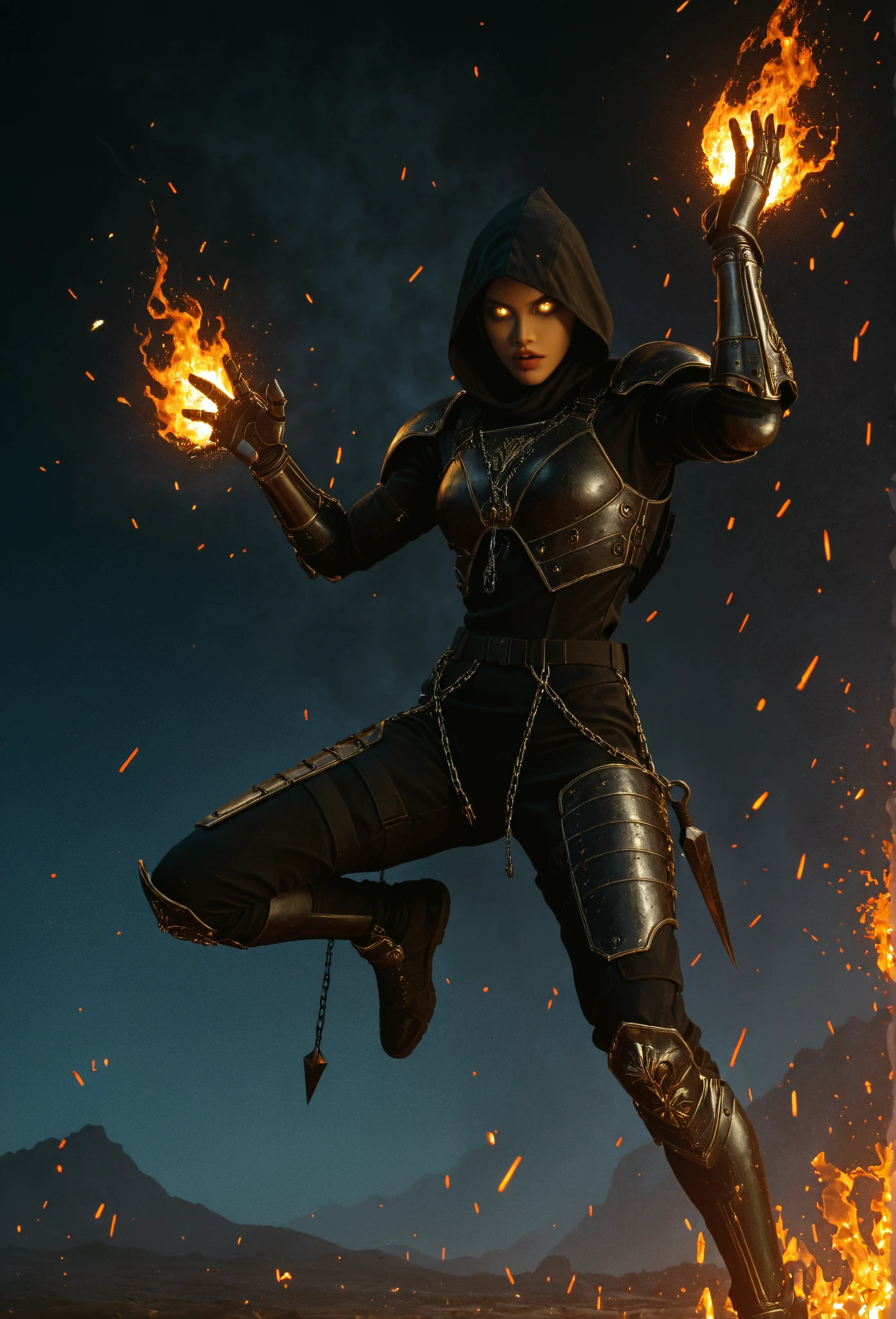Very detailed 64k resolution, Unreal Engine 5, Mortal Kombat Scorpion style, Cartoon style, full body standing image of Princess Zelda cosplaying Scorpion, ninja hood and mask, black hair, well-detailed yellow eyes, holding a katana attached with a chain, looking at the viewer, emanating an aura of fire around the body, in a macabre cemetery at night with a full moon.