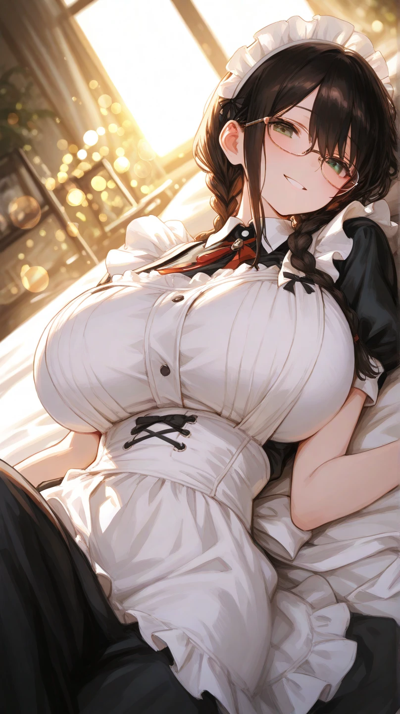 Lisa, genshin impact, 1 girl, alone, huge breasts, cleavage, hair between eyes, messy hair, large chest, long hair, looking at the viewer, brown hair, red short nails, green eyes, alone, Thighhighs, ((masterpiece)), maid dress, maidフク, maid, skirt, stockings, ribbon, maid uniform, sitting, bedroom, bed, pillow, window, night sky, ((blush: 1.2)), shy, sexy pose, thick thighs, Put your hands on your chest, Touching the chest, A painful look
