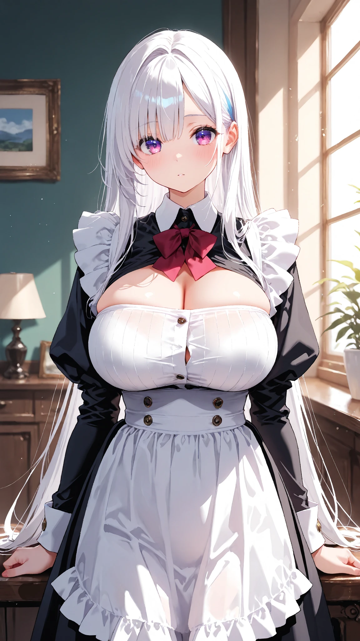 nsfw, 1 girl, ((detailed eyes)), ((bright eyes, red heterochromatic eye, blue heterochromatic eye)), long white hair, white cat ears, ((maid)), ((visible breasts, huge breasts , exposed breasts, visible nipples, exposed nipples, topless)), smiling expression, black thong, looking at viewer, blushing,