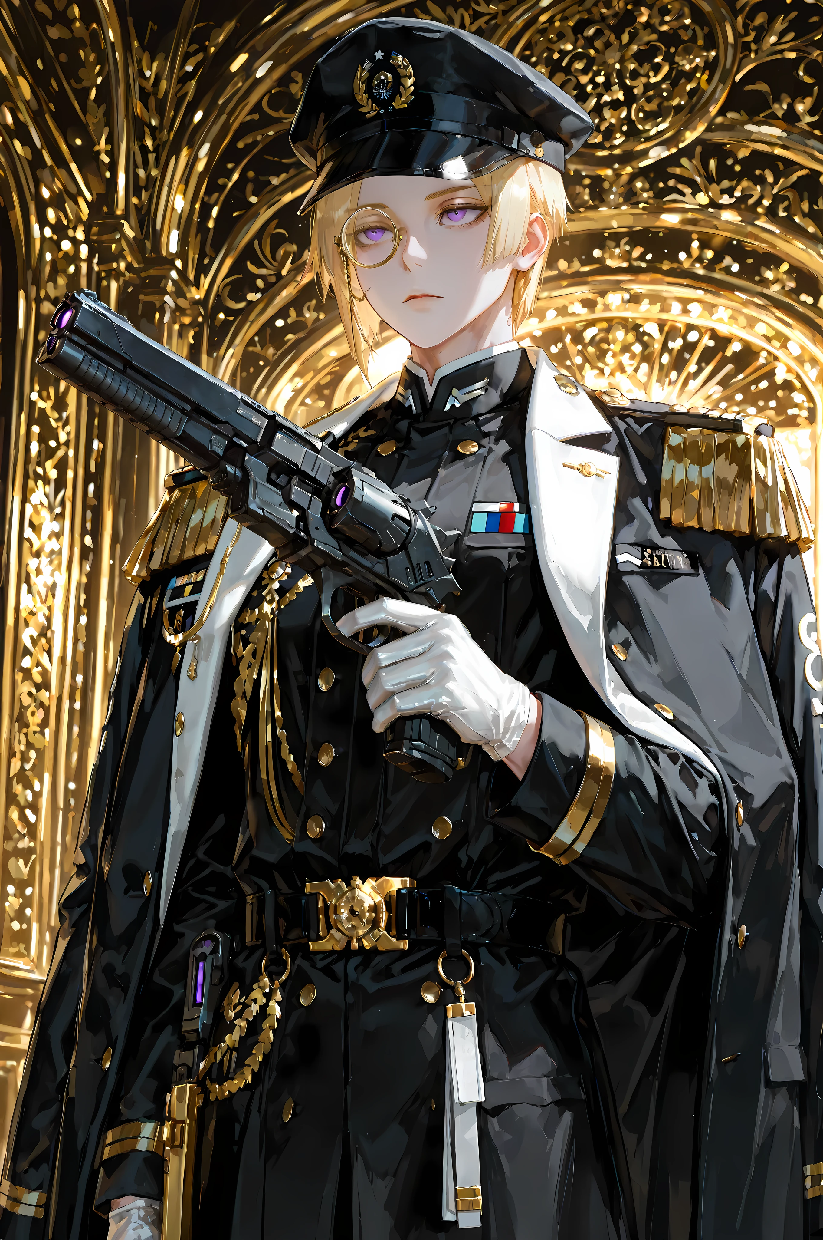8k, beautiful masterpiece, looking ahead, alone, pale skin, Perfect Eyes shape, Athletic Build, ((He wears: dark blue with white and golden accents = navy ceremonial officer six-buttoned epaulets jacket, military decorations on jacket, navy military overcoat, navy military cap; black belt with golden buckle; golden rimmed monocle; white service gloves))), (((background is opulent military office, is emotionless and somber while holding 1 plasma pistol))), mature man, 1 man, male-centered, muscular male, handsome man, handsome, short hair, blonde hair, Thick painted, purple eyes, Perfect Eyes, masterpiece, top quality, amazing quality, exquisite details, very detailed, semi-realism art, semi-realism art style