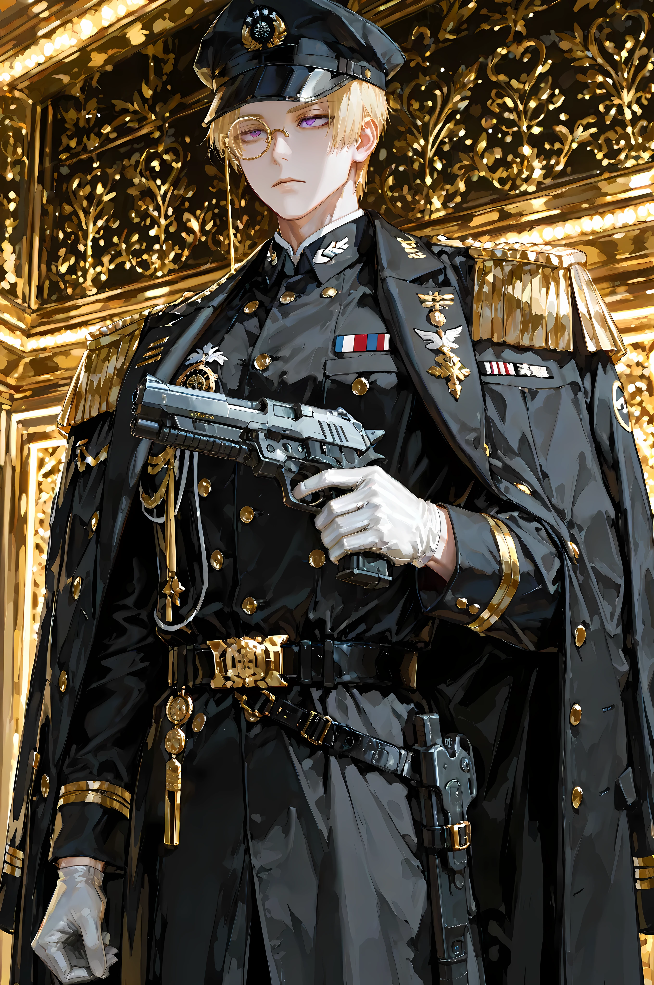 8k, beautiful masterpiece, looking ahead, alone, pale skin, Perfect Eyes shape, Athletic Build, ((He wears: dark blue with white and golden accents = navy ceremonial officer six-buttoned epaulets jacket, military decorations on jacket, navy military overcoat, navy military cap; black belt with golden buckle; golden rimmed monocle; white service gloves))), (((background is opulent military office, is emotionless and somber while holding 1 plasma pistol))), mature man, 1 man, male-centered, muscular male, handsome man, handsome, short hair, blonde hair, Thick painted, purple eyes, Perfect Eyes, masterpiece, top quality, amazing quality, exquisite details, very detailed, semi-realism art, semi-realism art style