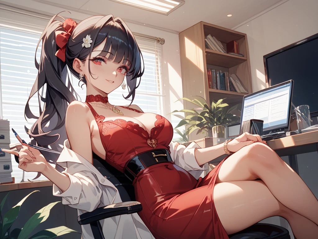 Woman who is reading and studying, young woman, computer in the room, mature appearance, willow eyebrows, big eyes, crying, tears, tears, tears on the face, sad, woman with delicate facial features, woman sitting at the computer desk live broadcast, detail portrayal, infinite detail, Tyndall effect, ultra definition, 8K, character tracing, ray tracing, modern woman, high appearance, beauty, intellectual beauty, sexy seduction, (((wearing red tight cheongsam))), (cosmopolitan beauty), (sexy), (seductive) (off-the-shoulder)