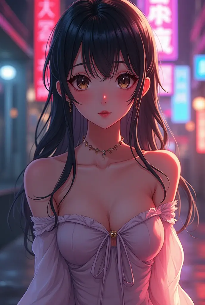 Top quality, realistic, depth of field, bokeh, red black white theme, night city, neon lights, backlight, upper body, focus on lips, (1 adult female), small breasts, long hair, glossy pink lips, closed mouth, sexy pose, upturned eyes, smiling face, detailed embroidery, lace pattern, transparent, cleavage, sleeveless t-shirt,