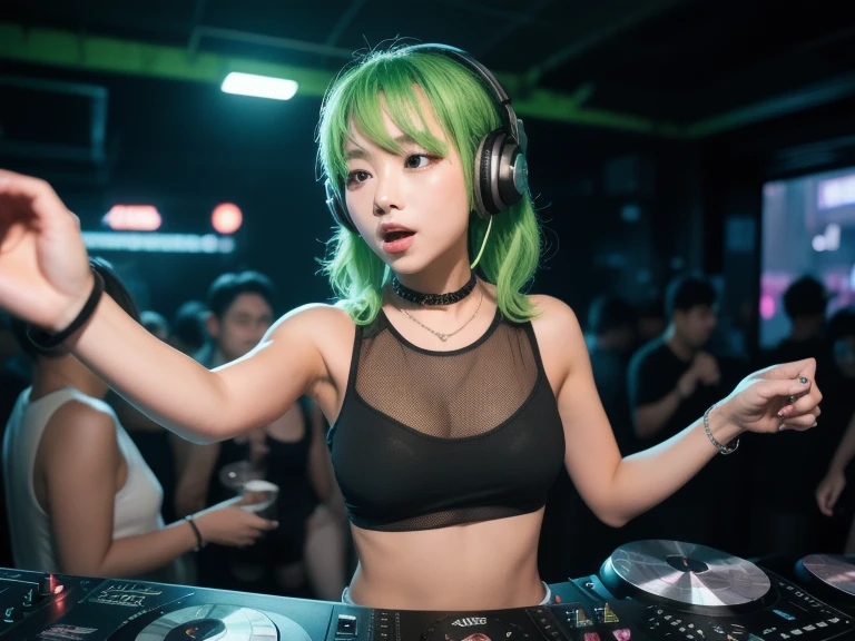 Beautiful Jamaican woman smoking marijuana、Green Bikini、Pompa、Recording Studio、neon