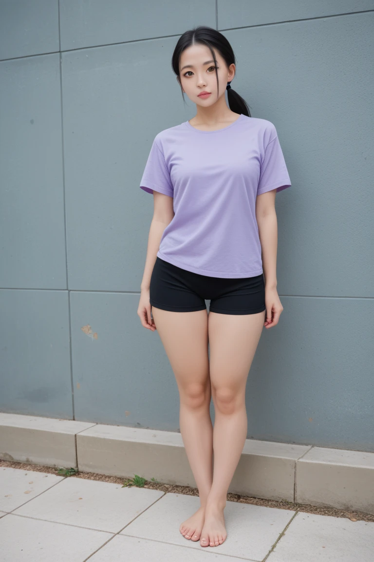 A very cute girl, solo, young, wearing purple tshirt and short pants, big breasts, white and smooth skin, standing, long hairs, red lip, at forest realistic face, full body, blue shoes