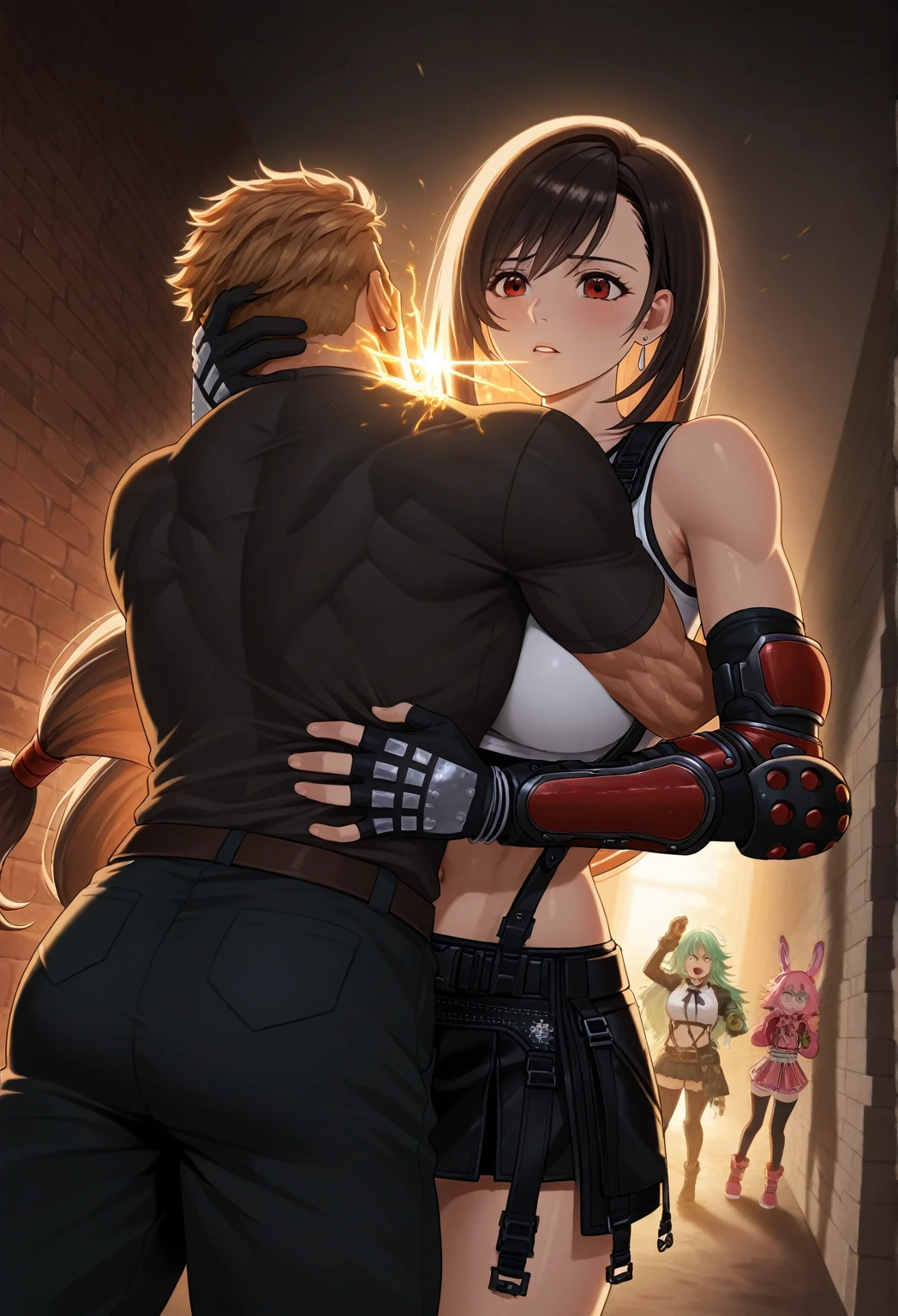 Two men and women fighting in a street fight。A female street fighter is overpowered by a man and is crying.。Covered in bruises。Bloody。shortness of breath。Drooling。Frightened expression。Running out of energy。Sweaty。Short black hair。Open Finger Gloves。Her ????? is torn and exposed。Denim shorts。????? ???????。One eye closed。Leaning back。A man's fist hits a woman's face。