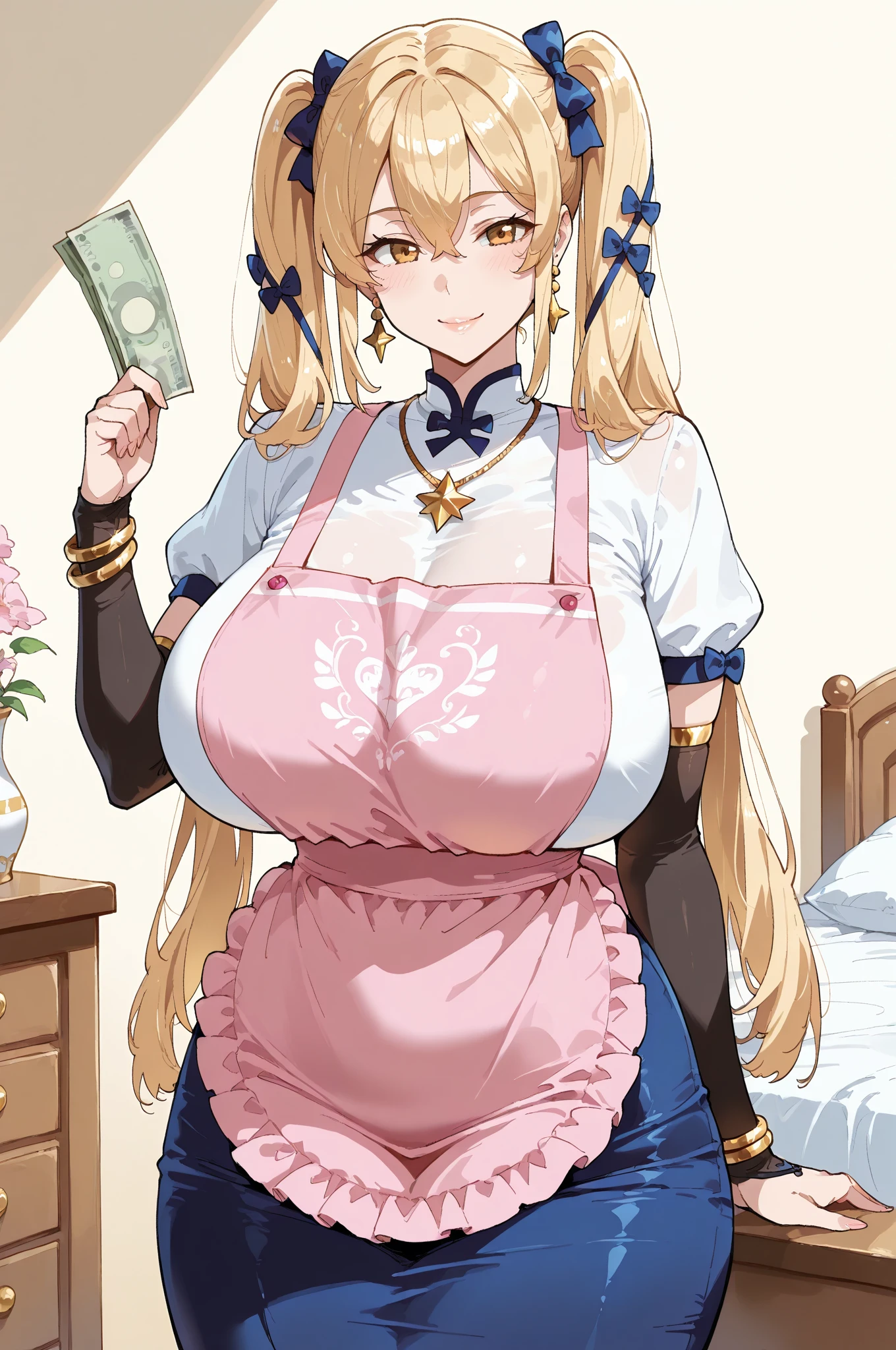 (((Solo)))、(((mature、Big Tits、naked、Erotic)))、Brown fur, 濃いBrown fur, Golden Hair, Braid、Green Eyes, Huge lips, Swollen lips, (Perm、Wavy Hair、Show your forehead)、Large Breasts, Huge breasts, Hourglass illustration, (Tight waist), trust, Superiority, Bratty, Brat, Being spoiled, Bully, Thick thighs, Earrings, On top of that, Diaphragm, Bermuda, smile, Half Plane, evil smile, pov money, sosteniendo money, money cayendo, Sweaty, Moaning, big , much money, money, green money, money flying, from the front, Bright roomで (Soft Light, bed, closet, Windows...), big breasts, Grande aa , big hips, front, moneyを受け取る, Remittance handover、Big Lips、Apply pink lip gloss、Bright room、illumination、(Black Stockings)、Pubic hair、(Sailor suit、hairpin、、necklace、first round、Lace panties)、evil smile、From above