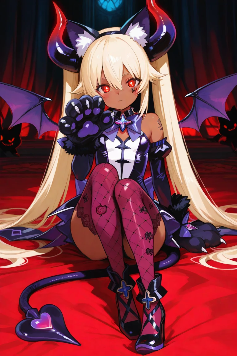 (masterpiece, best_quality, ultra-detailed, immaculate:1.3), epic, illustration, 1girl, (tactile Hermitpunk:1.3) succubus, wings, full body, lingerie, [:skimpy costume design,:0.2], official art, dark skin, studio bright beige lighting , in a aquatic, tropical warzone, bombshell hair, glowing sunset hair, hair ribbon, ojou-sama pose