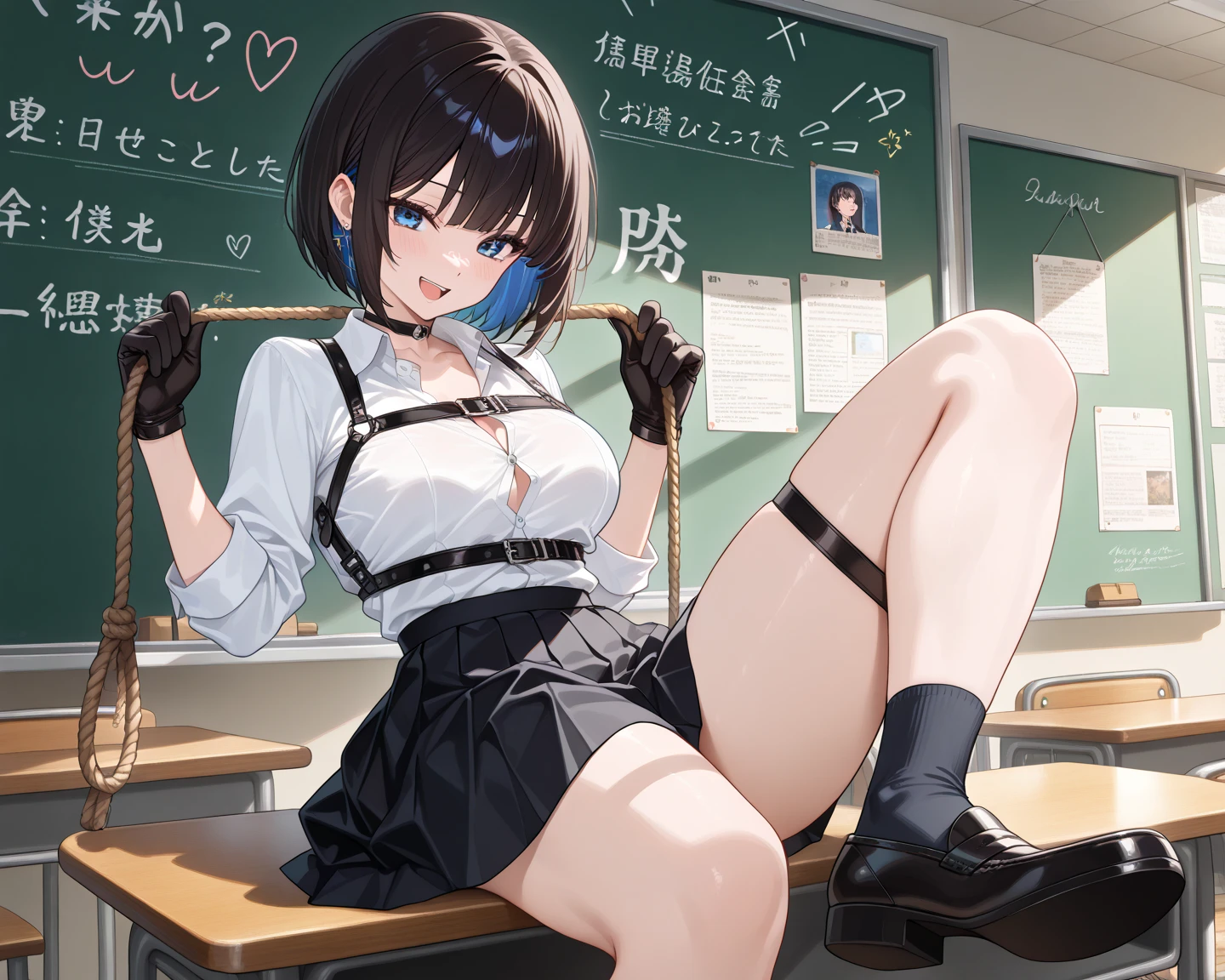 ((Best Quality)), ((Masterpiece)), Skirt, Shirt, Puffy Nipple, Full Body, Squat, Pin Heels, Crotch Open, Garter Belt, Teacher, Creep