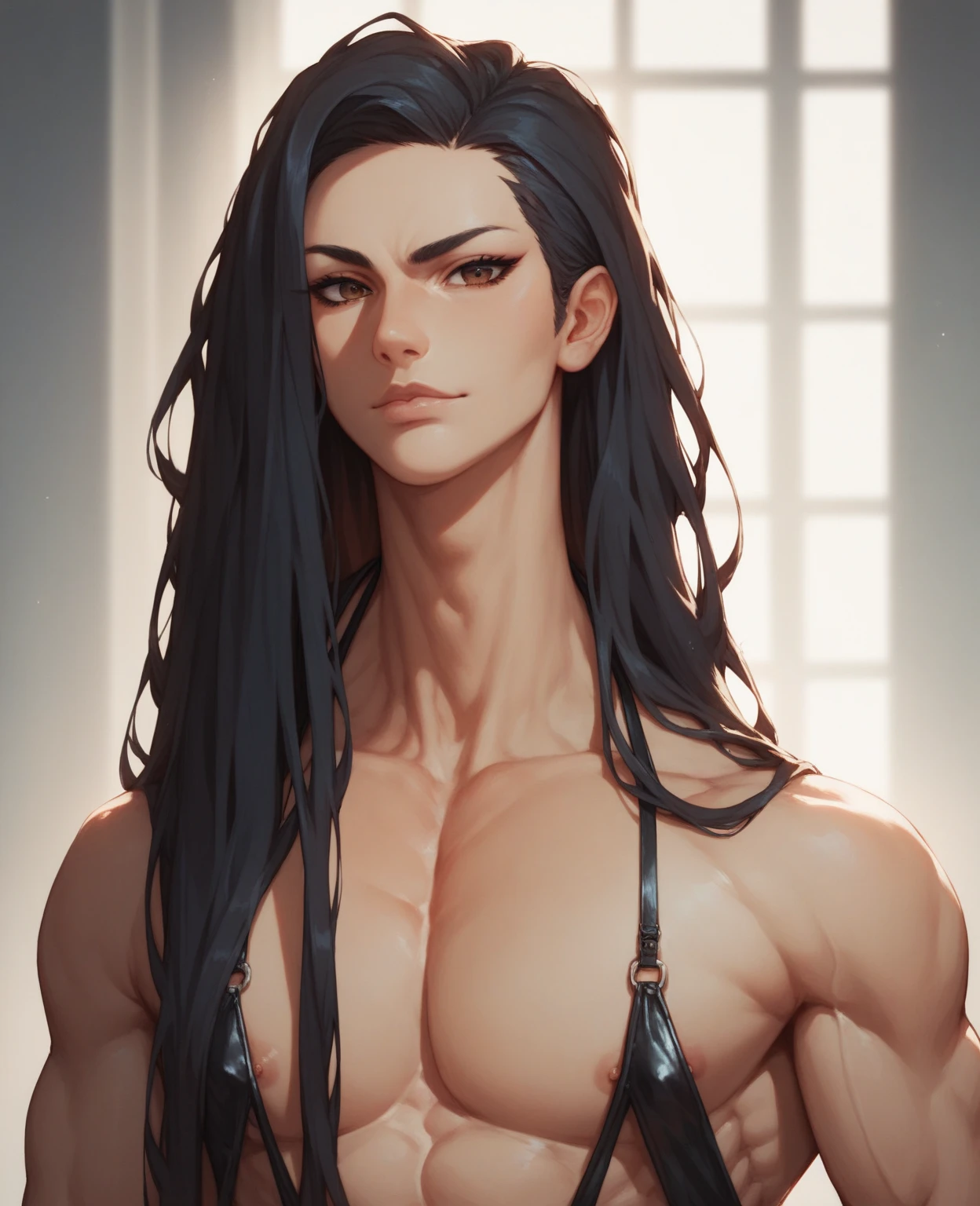 man, masculine, masculine face, attractive, muscular, ((1man)), masterpiece, absurdres, best quality ,intricate details , (shiny skin, shiny body, shiny oily luster skin, shiny hair, pale skintone), Sundown, attractive, ((muscular)), adult, one, tattoo in his chest ,black blouse, earrings, black pants, Don't look at the view , Not looking at the view, blue long hair, perfect detailed face, perfect detailed hands, vampire, blue eyes, ((MLS)), medium large shoot