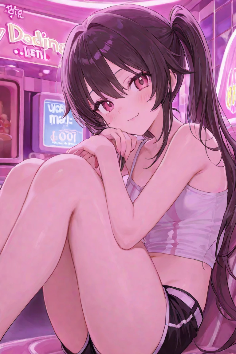 (8K、Highest image quality、highest quality、masterpiece)、detailed face、((1 girl))、black hair、twintails、gray eyes、smile、small breasts、((negligee))、cowboy shot、sit、pinsalo, scenery, fence, couch, indoors、indoor、pink lighting、holds in hands condom in wrapper、holding condomwrapper