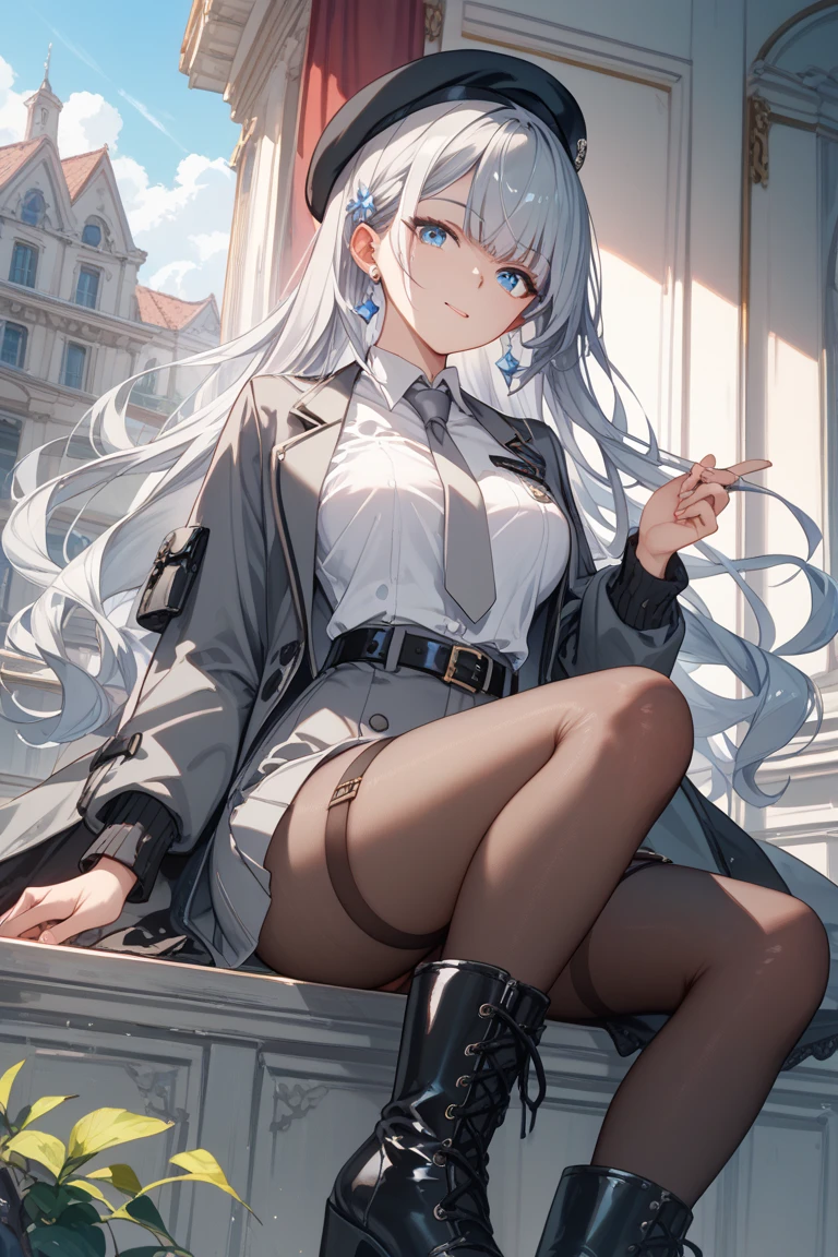 mature_female,silver hair,lipstick,eyeshadow,long_eyelashes,thick eyebrows,ahegao,jitome,heart-shaped_pupils,black_pantyhose,fingerless_gloves,police_uniform,long hair,