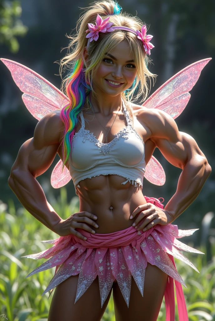 (Muscular:1.9), (thick thighs:1.9),
woman, blunt bangs, long hair, (big smile:1.6), small breasts,
eyeshadow, lipstick, choker, (green leotard, fairy wings, tiara:1.5), (abs window:1.7),
looking at viewer, (three quarter view),
rim lighting, detailed skin, detailed eyes