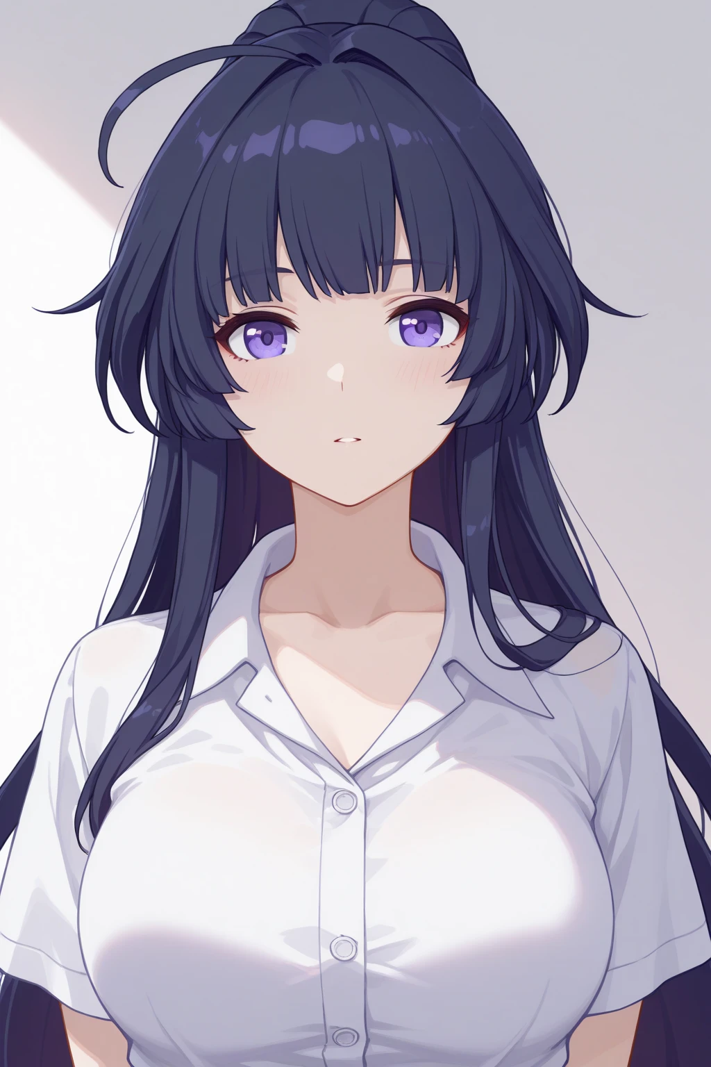 anime girl, dark purple hair, purple eyes with pink, pale skin, wearing a formal suit (white t-shirt with black tie),with a ponytail in her hair, elegant makeup, big breasts but not that big.
