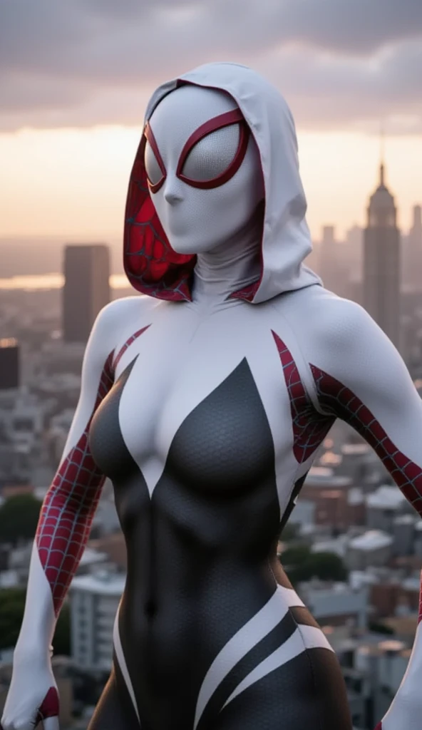 Detailed picture of Lindsey Strutt dressed as Spider-Gwen, hood, white and black, into the spider-verse, fully clothed, skin tight, wavy hair, posing, on edge of a building, lens glare