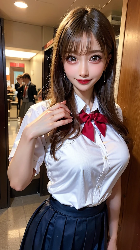 8K、RAW Photos、Highest quality、Super detailed、Super Resolution、Ultra HD、8K壁紙、Amazing details blazer uniform girl ((White blouse with formal collar, A nice red blazer, Black plaid skirt, Red checkered ribbon on blouse)), Complete limbs, Full Finger, 
((((Inside the Starbucks store))))、16 year old female student、((Eat cake、Drink coffee、smile))、Heart Necklace、Gold bracelet
((Emphasize cleavage))
(((Woman sitting at the window seat)))
