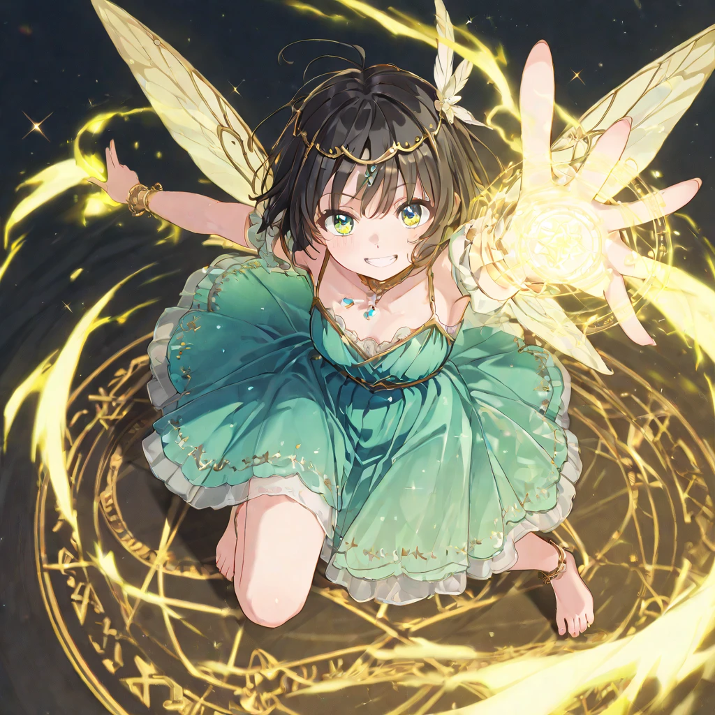 One girl, Brown Hair, Green Eyes,masterpiece, Highest quality, High resolution, Medium Hair, Hair that falls over the shoulders, F cup large breasts, Blushing, smile, Droopy eyes, Hearts in eyes, Full Shot,tongue, Cinematic light effects, Anime Style, Standard body type
