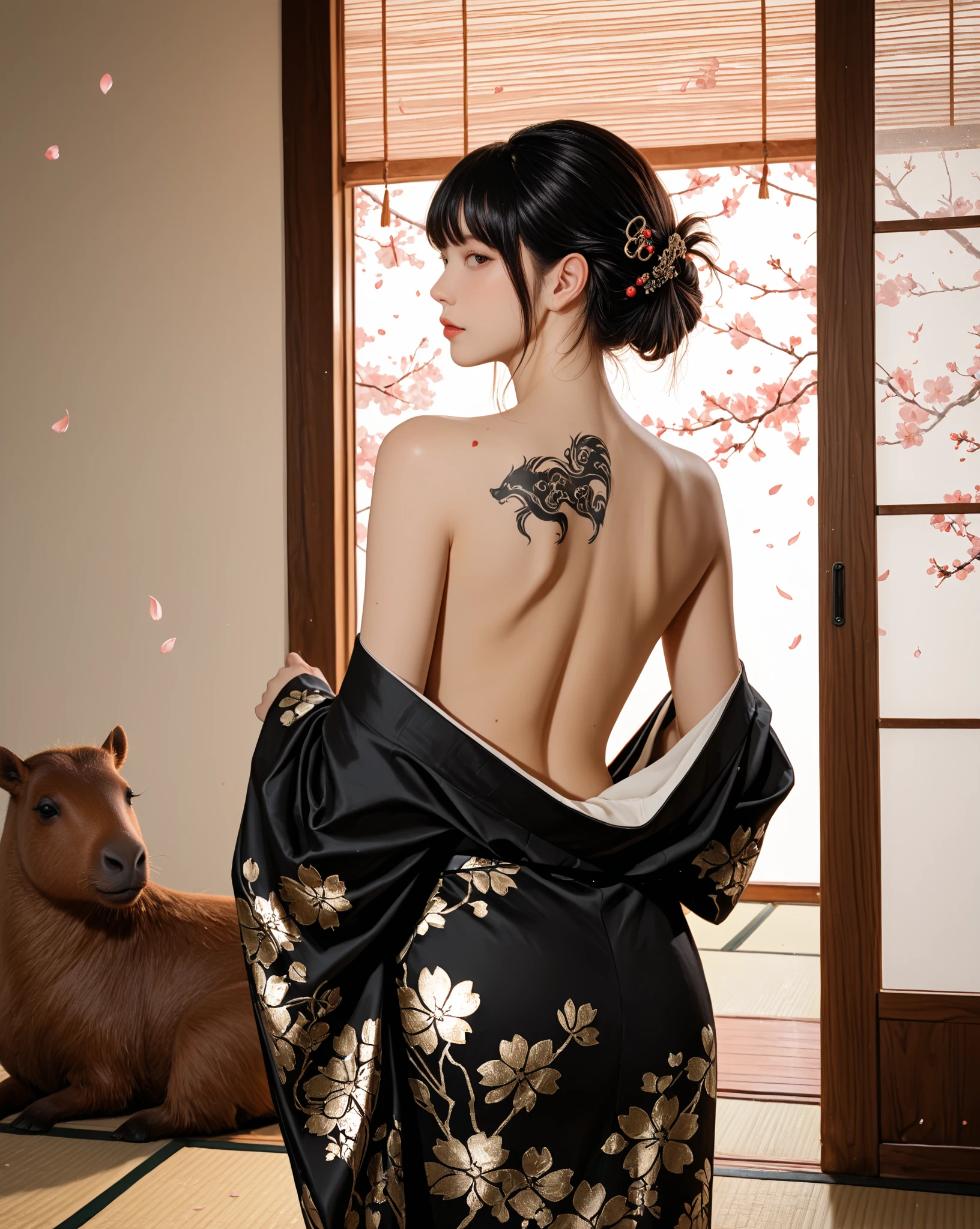 masterpiece, top quality, best quality, official art, beautiful and aesthetic:1.2),1girl, tattoo, solo, japanese clothes,sexy intricate red and black kimono, hair ornament, unsheathing, black hair, sheath, back tattoo, dragon tattoo, blue eyes, off shoulder, bare shoulders, looking back, from behind, flower, looking at viewer, holding, makeup, outdoor, big breasts and hourglass figure 